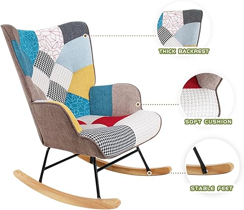 Miniatura 4 de Mecedora tapizada para guardería, silla mecedora tapizada de mediados de siglo con respaldo alto y base de madera maciza para sala de estar,