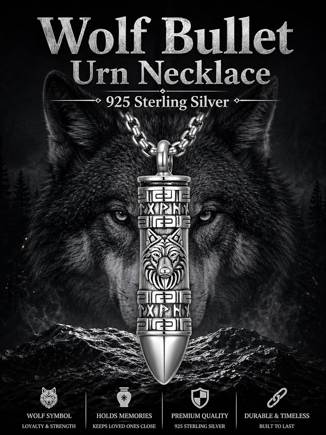 Urn Necklaces for Ashes 925 Sterling Silver Cat/Dog/Lion/Wolf/Deer/Crow Bullet Urn Necklace Cremation Memorial Keepsake Jewelry for Men Women Unisex