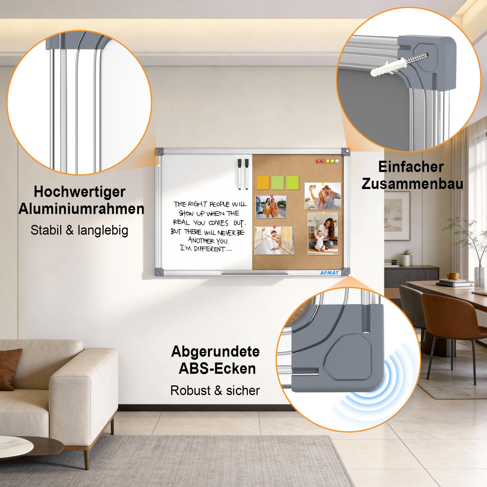 AFMAT Kombitafel Kork-Pinnwand Whiteboard Kombination 60x90 cm, Trocken Abwischbare Magnettafel und Korktafel,Magnetische,Magnettafel White Board Korktafel Kombination für Büro,Homeoffice,Schule,Küche