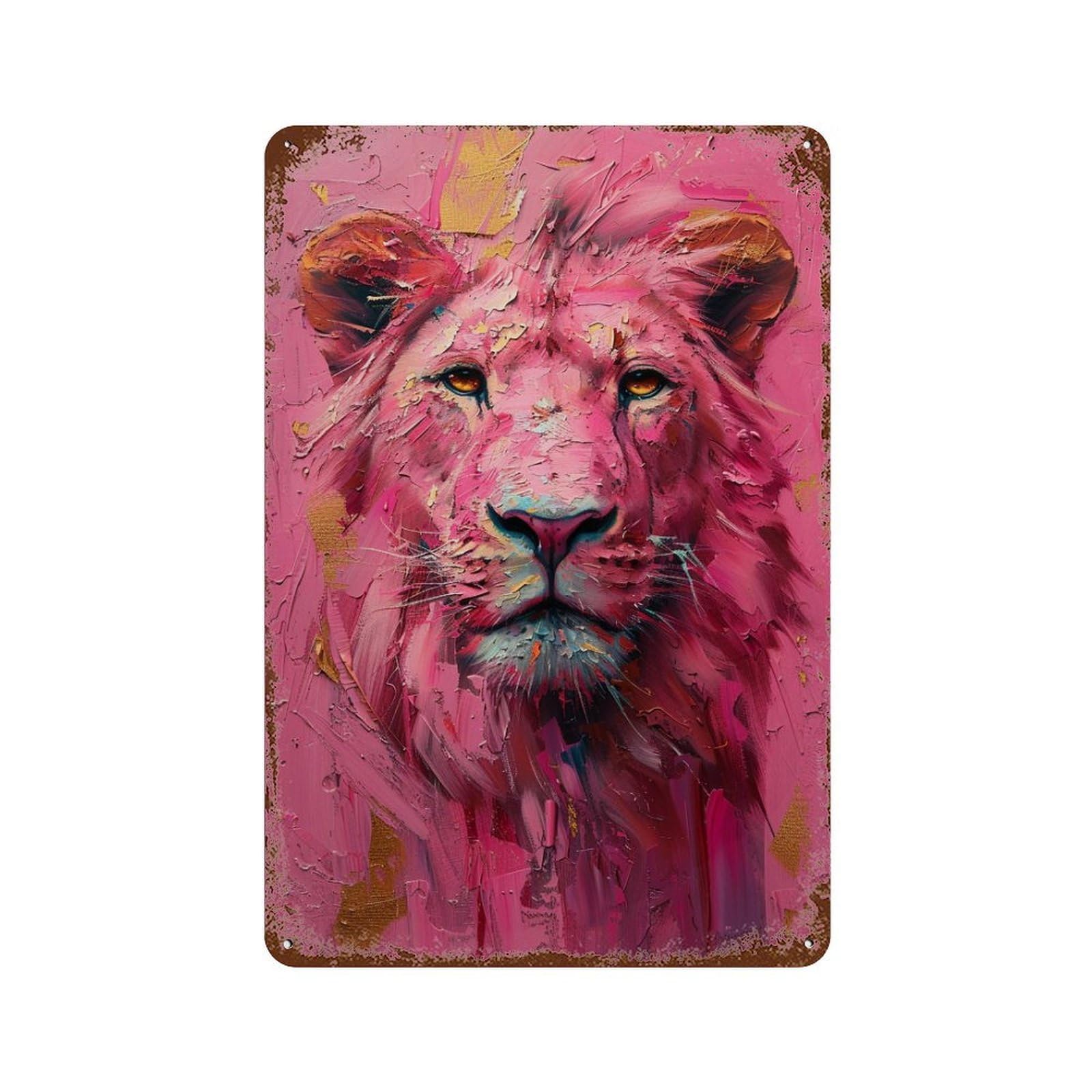 Rust Effect Pink Lion Abstract Painting Aged Metal Wall Plaque 11.8"x7.9", Shabby Chic Decor for Living Room, Hallway And Home Decor