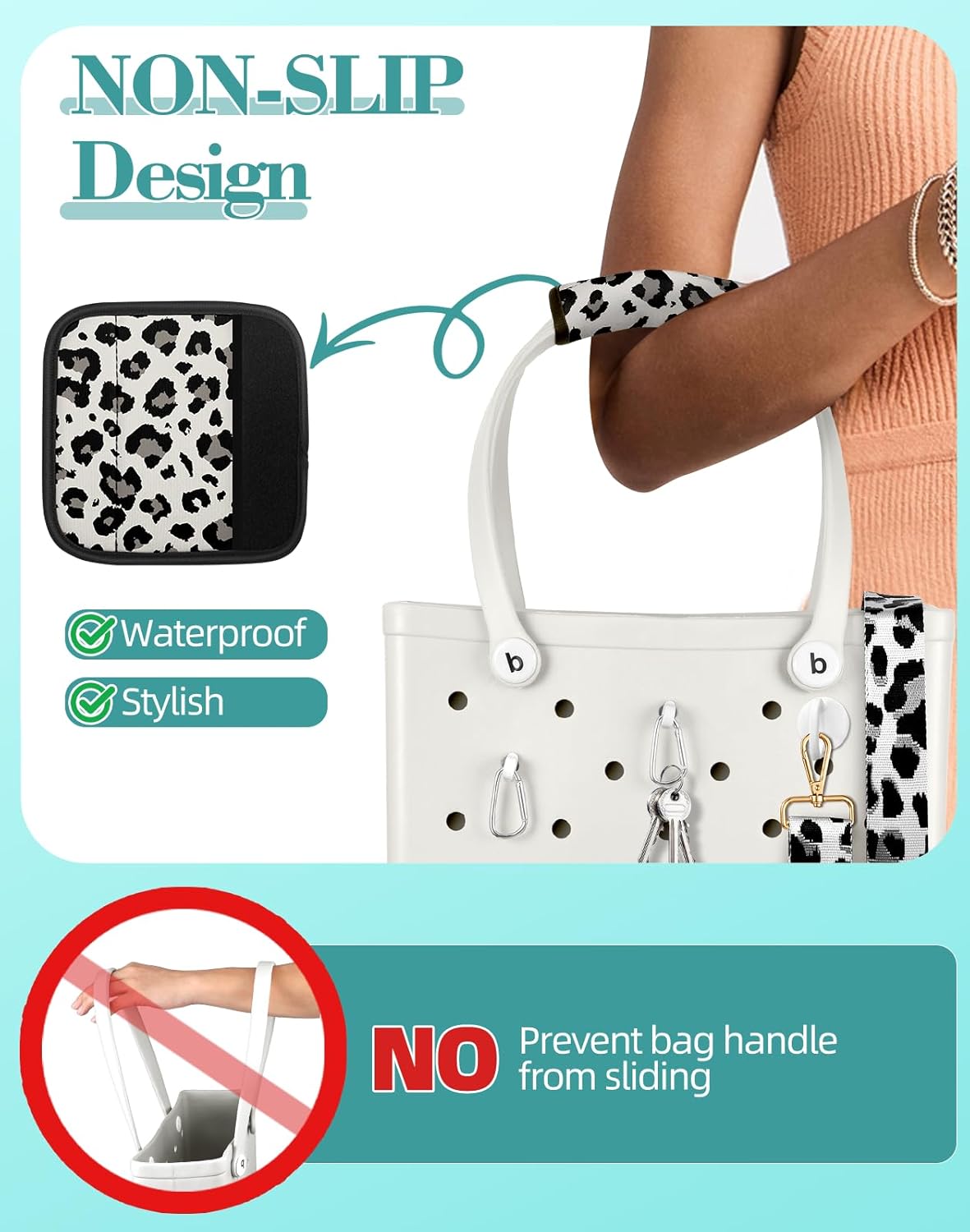 Bag Strap Crossbody Charms for Bogg Bag Accessories - Shoulder Strap Neoprene Luggage Handle Wrap for Suitcases & 2 Key Holders Black Leopard - Image 3