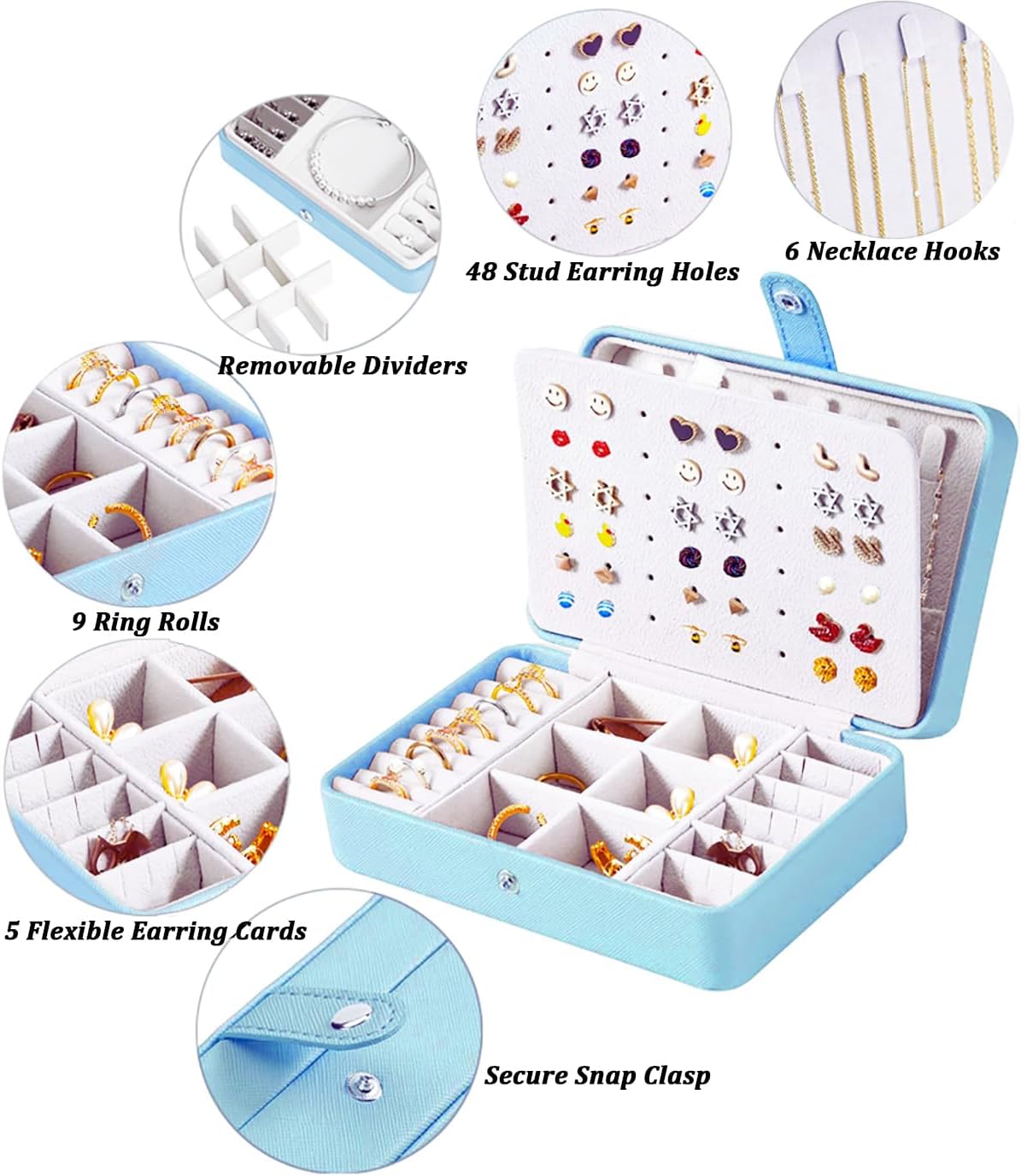 QBestry All-in-One Travel Jewelry Organizer for Women Blue | Small Jewelry Box with 68 Earring Holes | Compact Portable Jewelry Case for Earrings, Rings, Necklaces | Perfect Gifts for Mom Wife Girls image 2