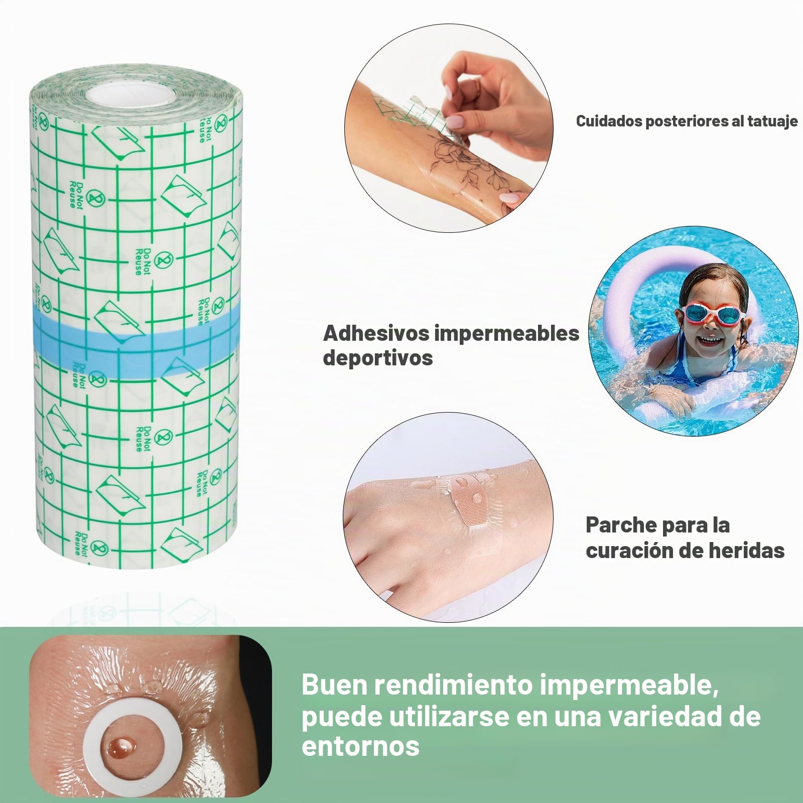 Venda Impermeable para Tatuajes (2 Rollos, 15cm x 2m) - Protector Transparente Segunda Piel para Cuidado de Tatuajes, Natación y Uso Diario