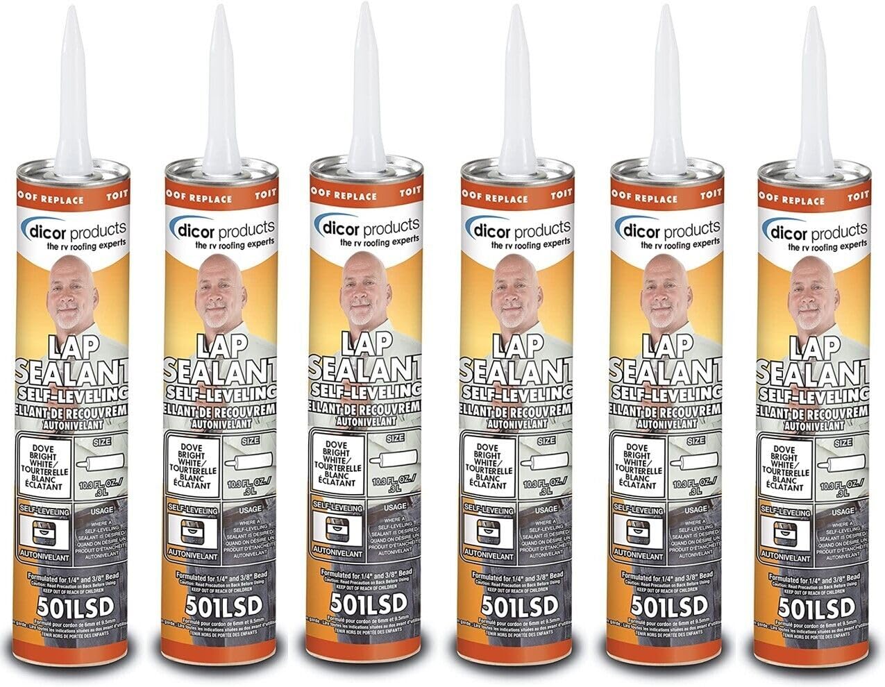 RV Wholesale Direct Dicor 501LSD1 Lap Sealant, Self-Leveling, RV Roof and Repair, Dove (Bright White), 10.3 OZ Tube, Pack of 6