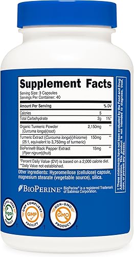 Miniatura 5 de Nutricost Turmeric 95 curcumioides 0017 onzas 120 cápsulas con Bioperina 1 botella 1