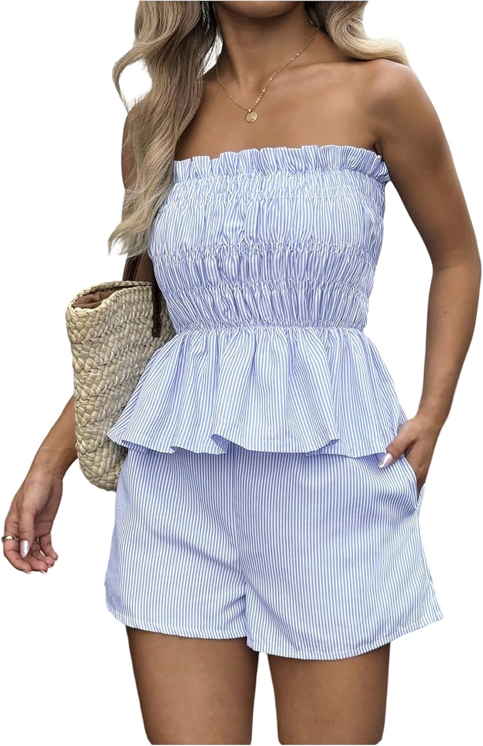 SOLY HUX Women's 2 Piece Summer Vacation Outfits Striped Peplum Ruffle Hem Tube Tops and Shorts Set