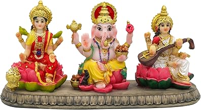India Laxmi Ganesh Saraswati Statue - 3.9”H Indian God Lakshmi Ganesha Saraswati Idol Figurine Hindu Diwali Gifts Diwali Decoration Home Office Mandir Temple Pooja Item