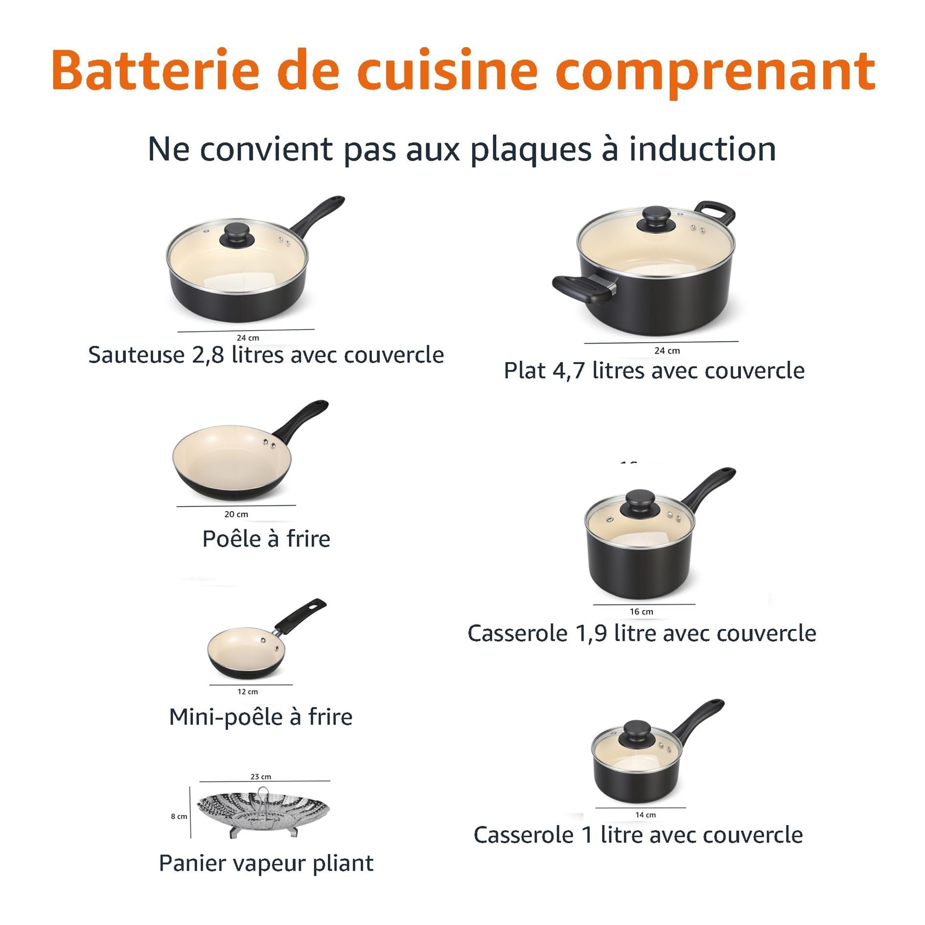 Amazon Basics 11 pièces ustensiles avec casseroles et poêles antiadhésives en céramique, noir et crème