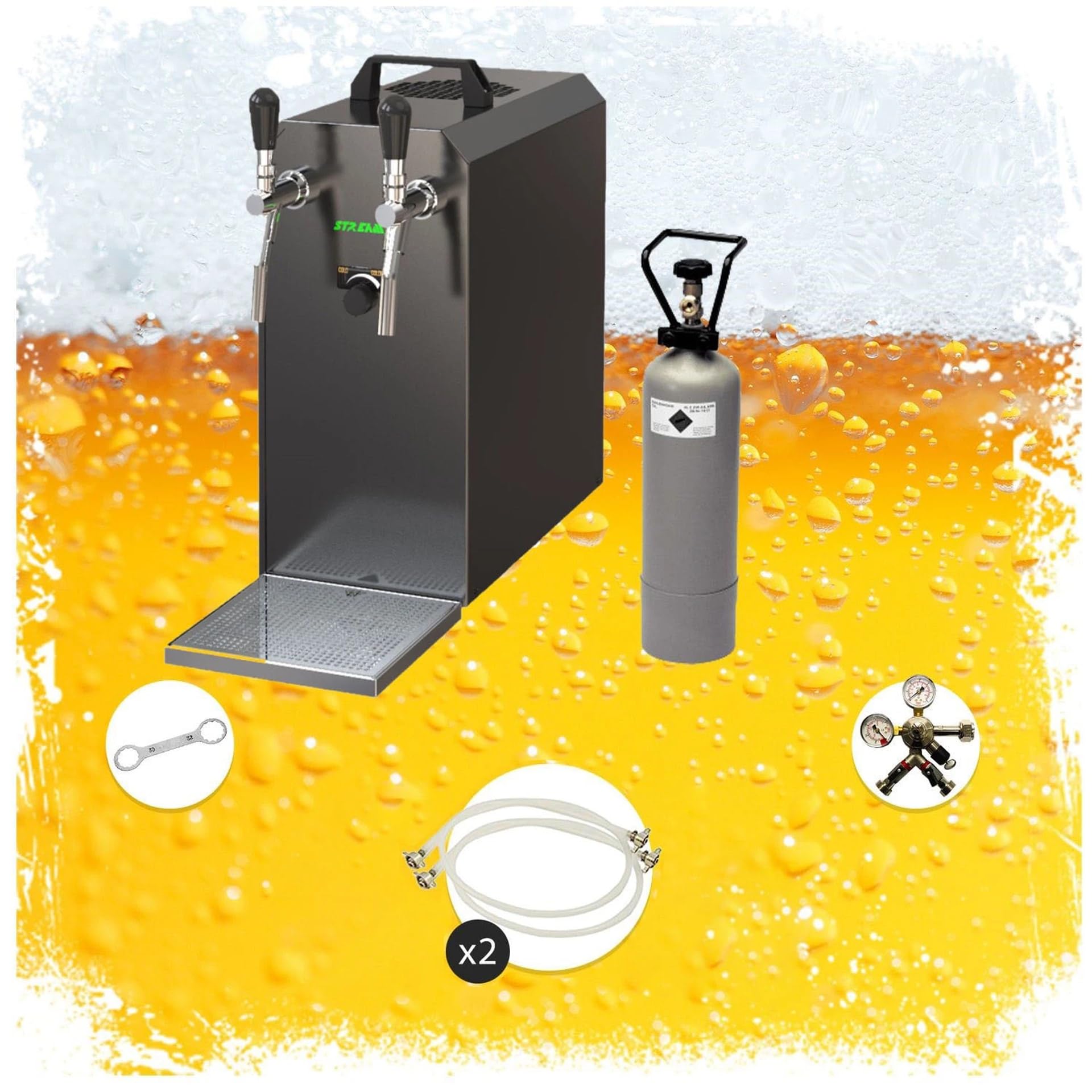 Erogatore Birra Stream 50 Set Completo 2 Linee, raffreddatore a Flusso Fino a 55 l/h, Acciaio Inossidabile, Keg Type D, Keg 2 Type A