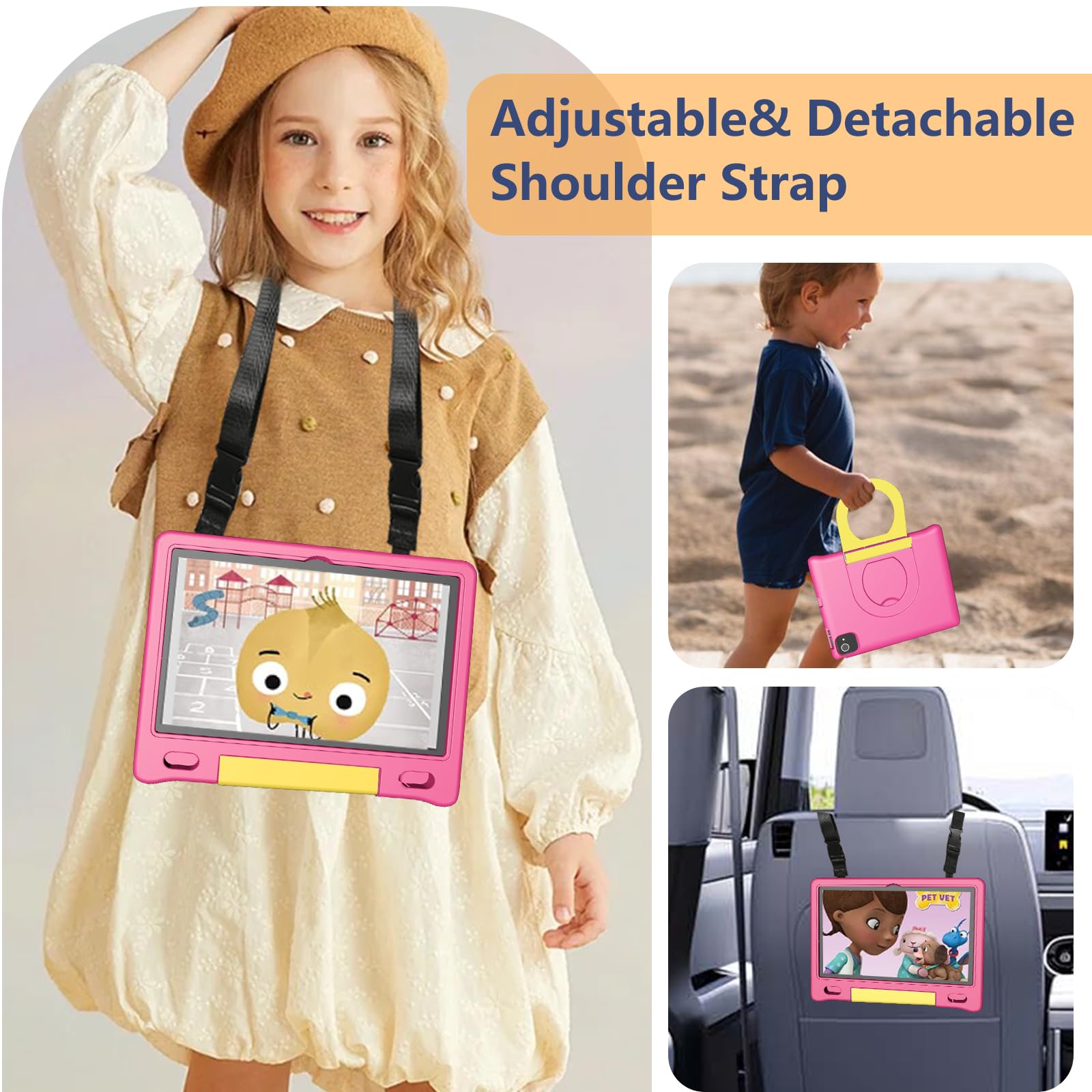 Kids Tablet with Strap, Android 14 Tablet for Kids 10 inch , Toddler Tablet Octa-Core 64GB 1TB Expandable, Children's Tablet with Case, Bluetooth WiFi Parental Control Dual Camera, 12-hr battery