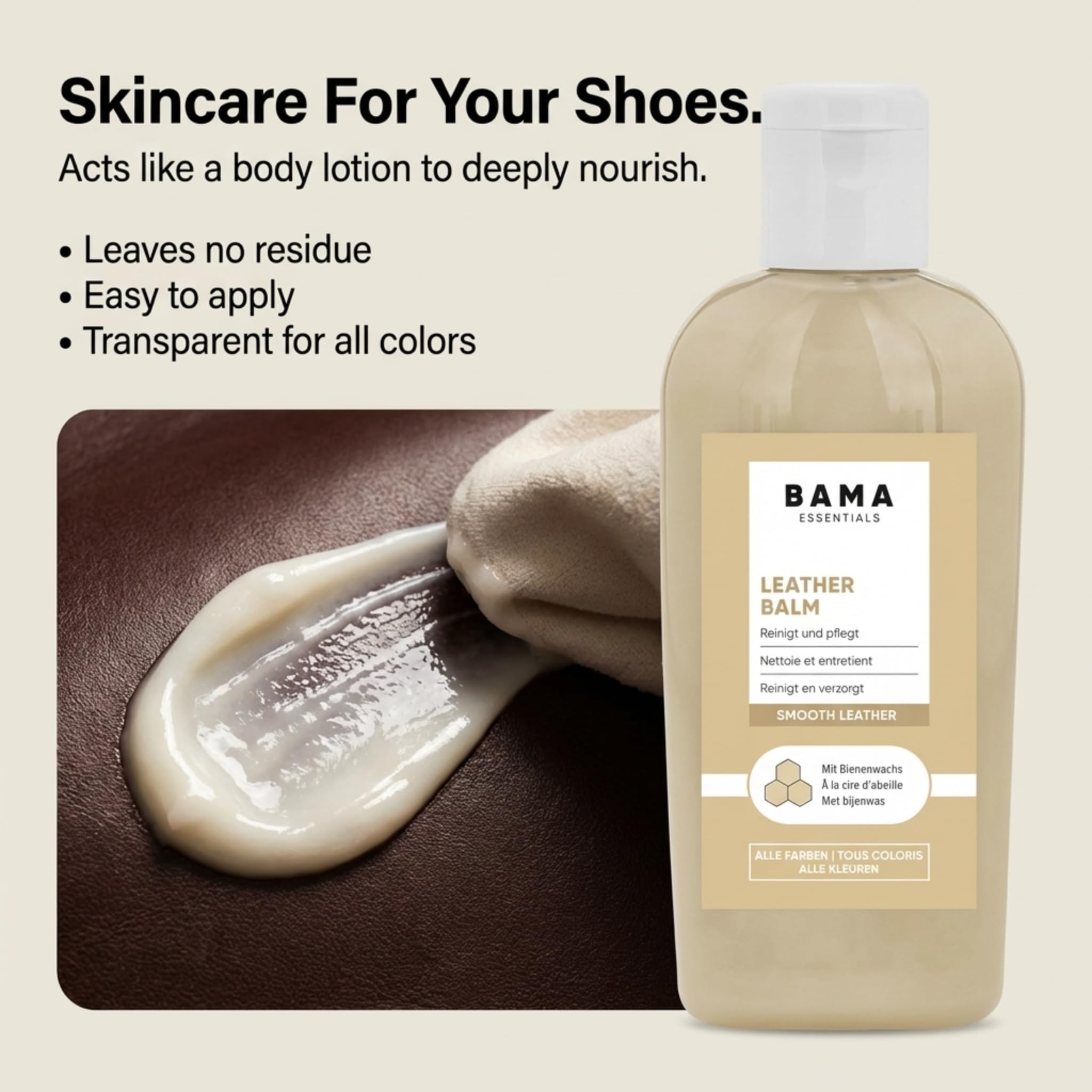 Bama Leather Balm - z Naturalnym Woskiem Pszczelim – Balsam do Pielęgnacji Skóry Gładkiej, Butów, Botków, Torebek i Kurtek – Bezbarwny, Odpowiedni do Wszystkich Kolorów Skóry - 100 ml