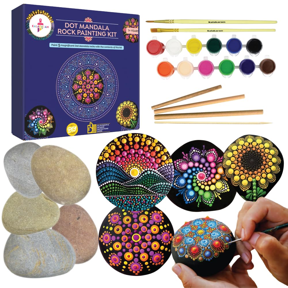 Kalakaram Dot Mandala Rock Painting Kit | DIY Art Kit with 5 Large Reusable River Rocks & 4 Dotting Tools | Traditional Indian Art Craft Kit | Creative Gift for Ages 11 to 16 |