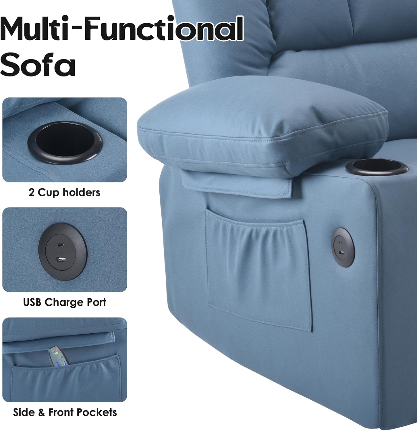 Close-up of USB charging port, cup holders, and side pockets