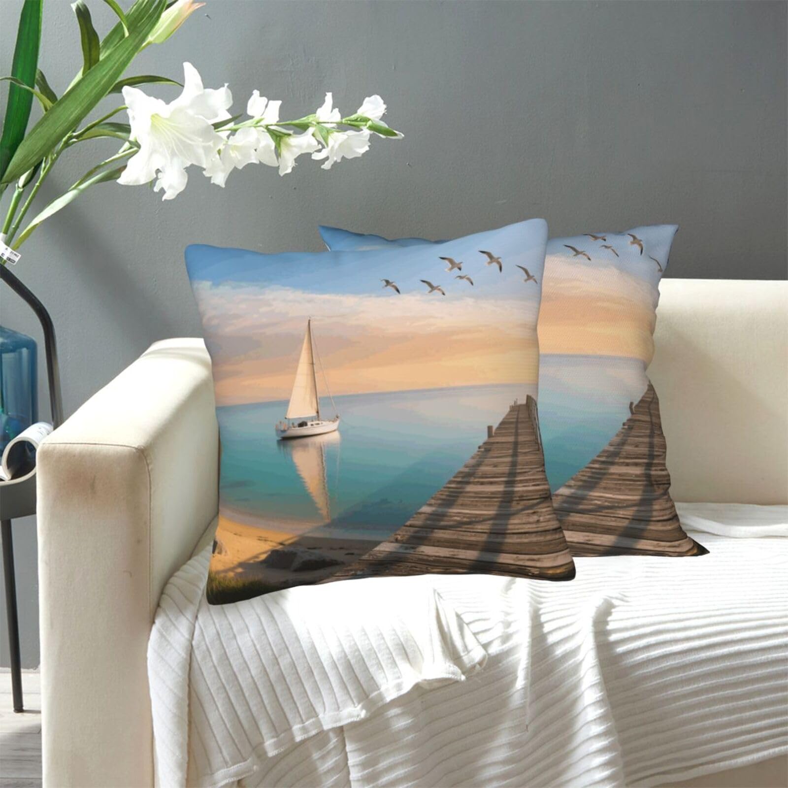 FekiLoot Decorative Throw Pillow Covers Modern Farmhouse Pillowcase Double Sided Cozy Cushion Cover for Sofa Couch Bed 16"X16" Beach Sailboat Seascape