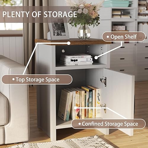 Miniatura 4 de Flamaker Mesa auxiliar, juego de 2 mesitas de noche, moderna mesita de noche con puerta de granero y estante de madera abierto, mesa auxiliar para