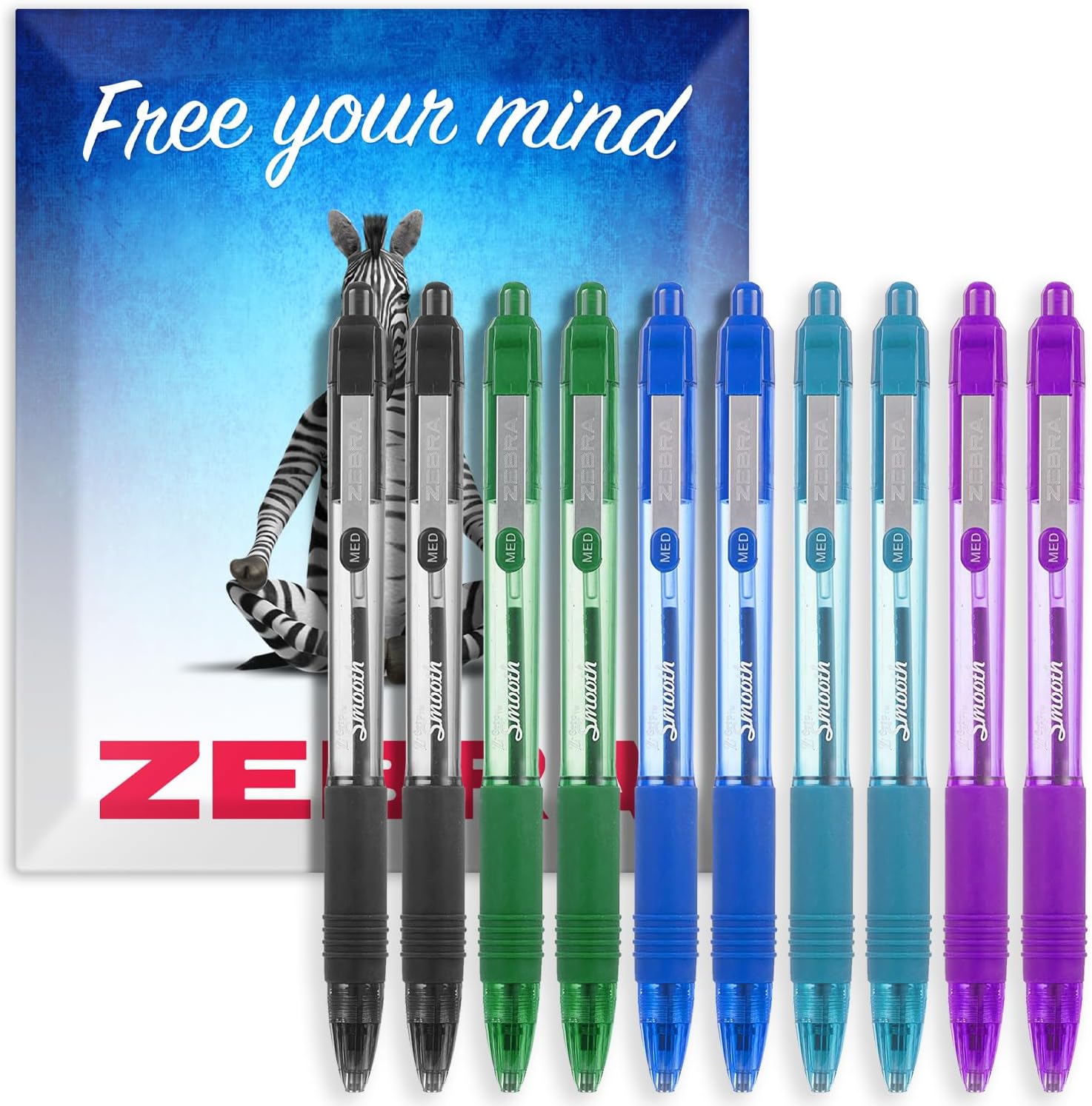 Zebra Z-Grip Smooth Ballpoint Pen - 1.0mm - Essential Set - Black, Blue, Light Blue, Green & Violet Ink - Pack of 10 - in Zebra Envelope Gift Packaging