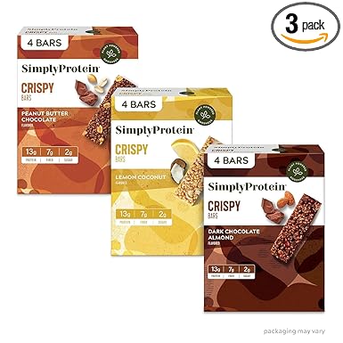 Simply Protein - Crispy Vegan Protein Bars Variety Pack, 3 Flavors - Plant Based, Protein Snacks - 13g Protein, 2g Sugar, 7g Fiber - Gluten Free, Non GMO, Kosher - 12 Bars, 3 Boxes