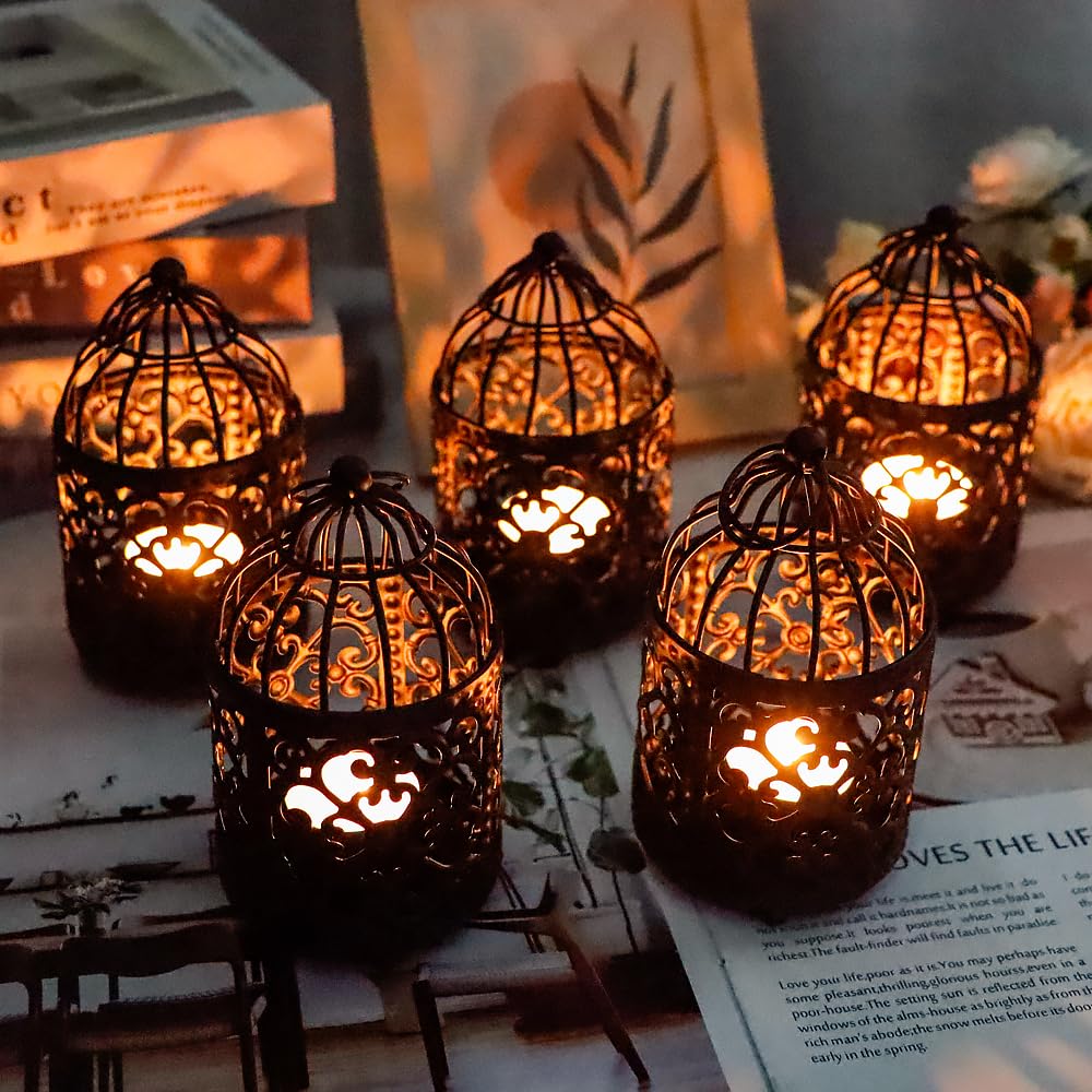 JHY DESIGN 6 Stück 14 cm Hohe Kleine Kerzenständer aus Metall zum Aufhängen Vogelkäfig Teelicht-Laterne Hohle Kerzenhalter für Tisch Valentinstag Terrasse Innen- und Außenbereich Geschenke (Schwarz)