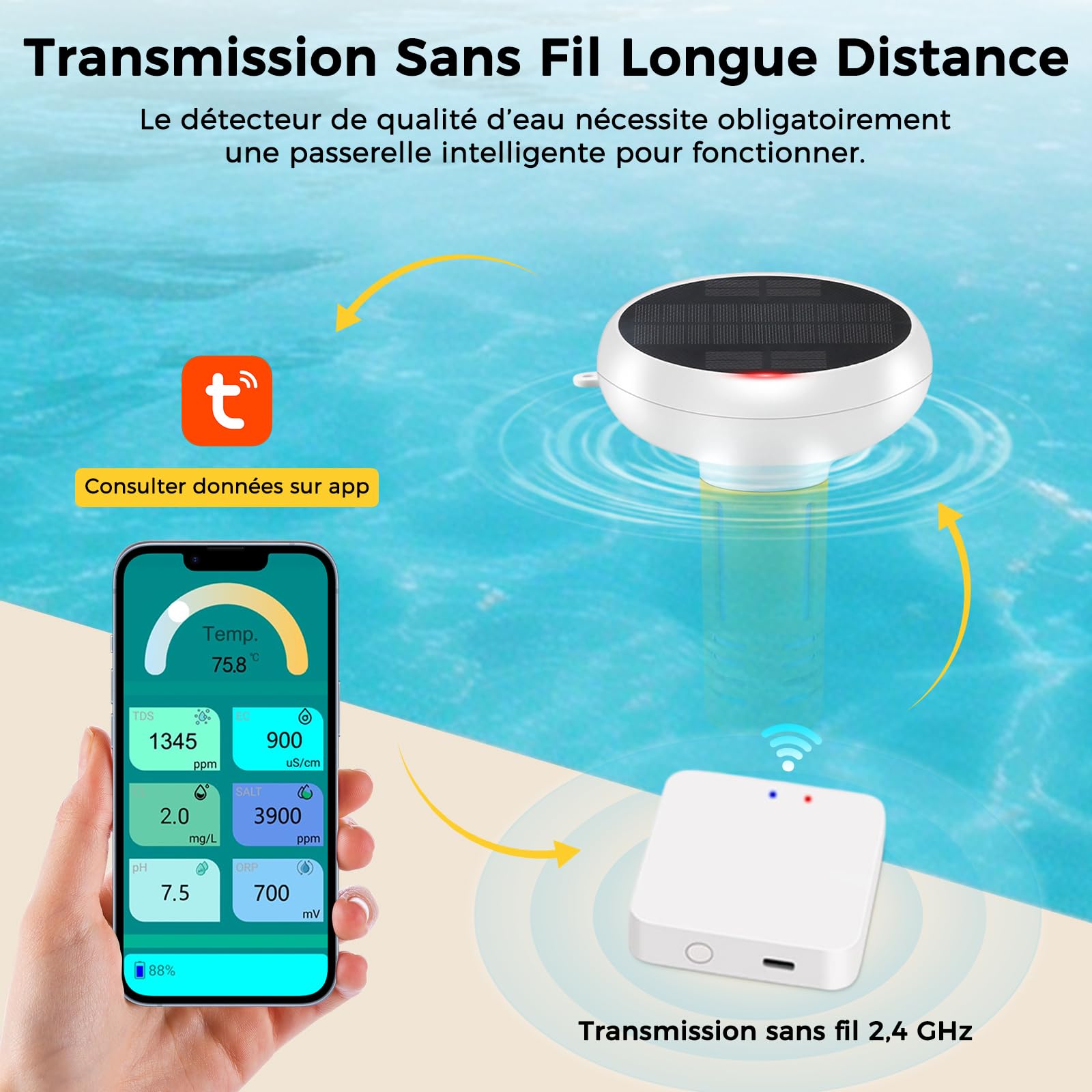Thermomètre de piscine flottant 7 en 1 à énergie solaire pour moniteur de qualité de l'eau Tuya, pH de piscine, salinité, CL, PH, sel, ORP, conductivité électrique, moniteur de température, testeur
