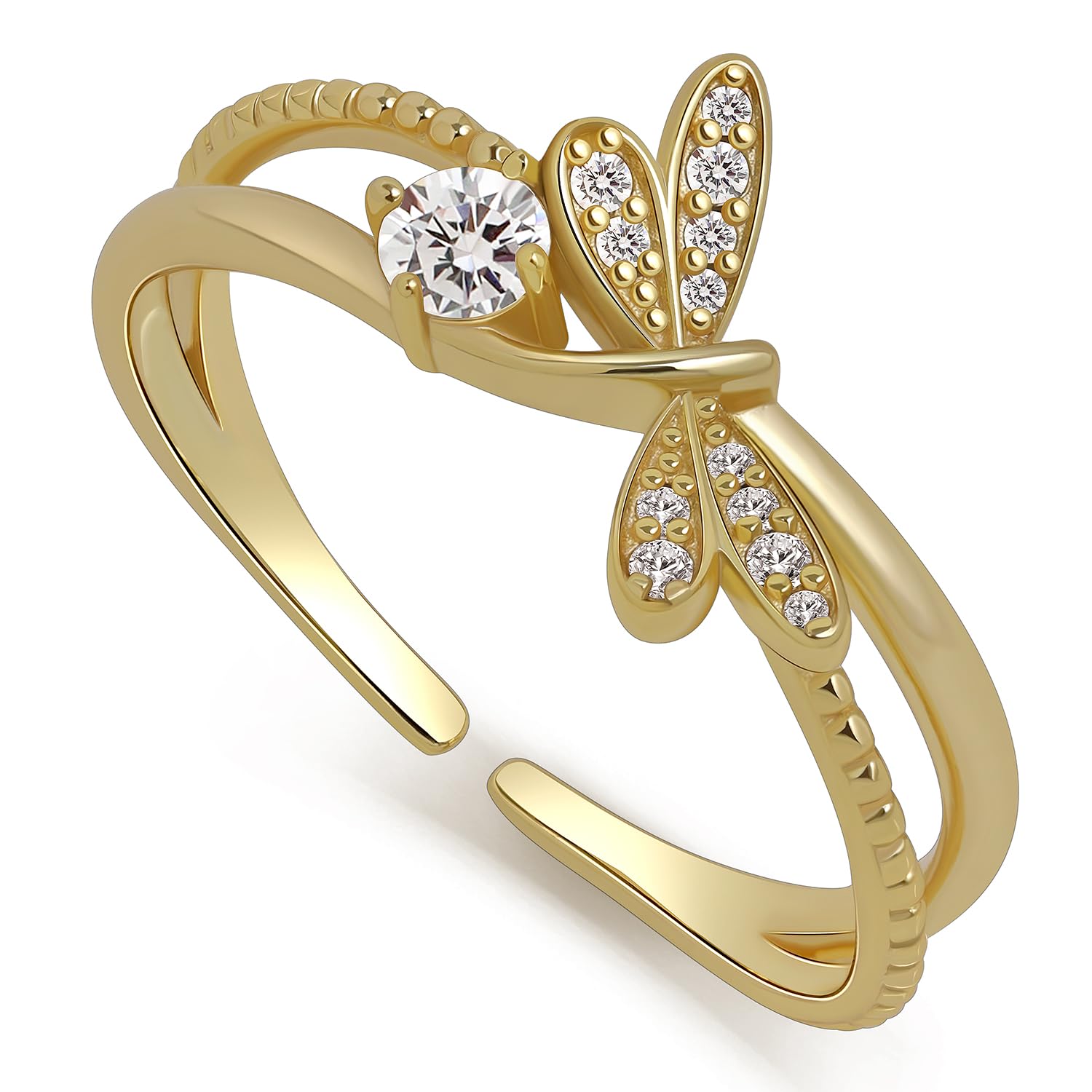 Meissa Bague Femme Argent 925 Libellule Dorée avec Zirconia – Bague Ajustable Élégante Inspiration Nature – Cadeau Original pour Anniversaire, Noël, Saint-Valentin