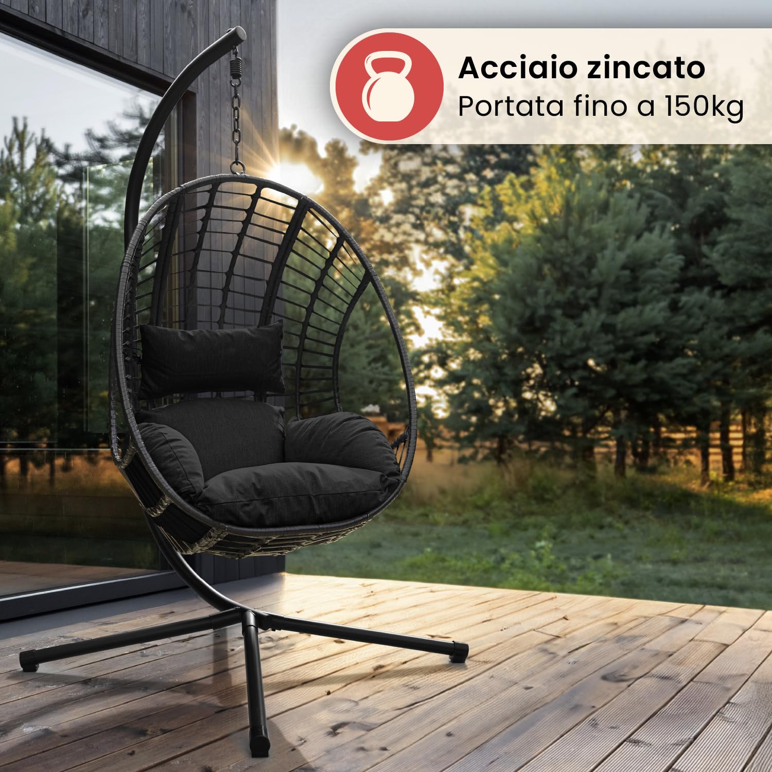 Swoods XXL poltrona sospesa - poltrona sospesa da giardino - Per uso interno ed esterno - con cuscino - resistente alle intemperie - portata fino a 150 kg (Nero)