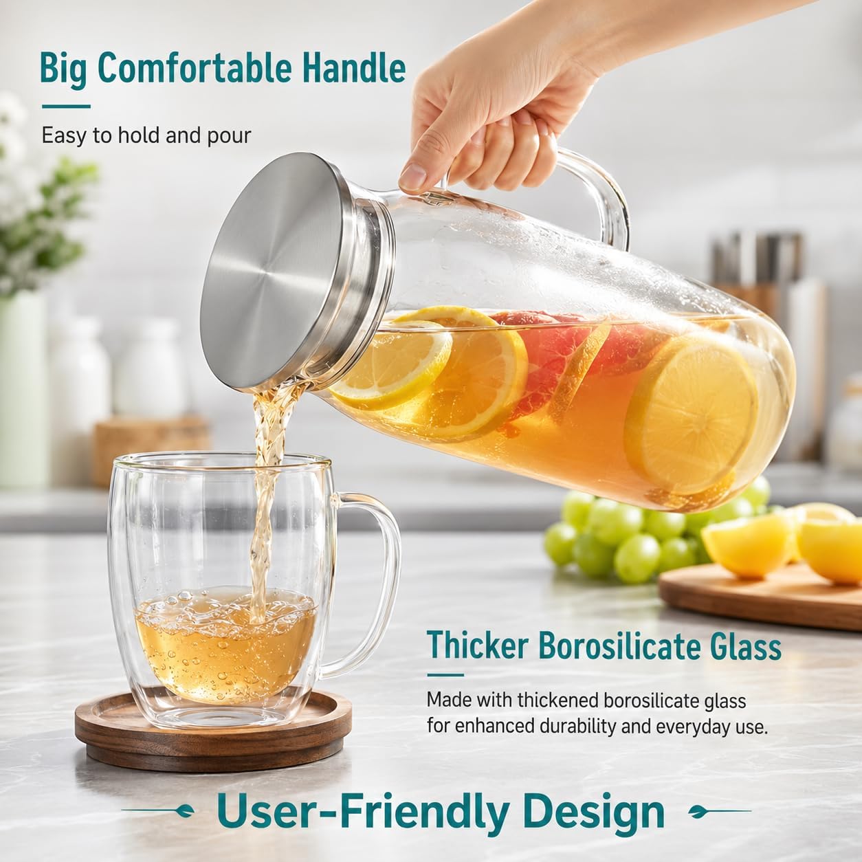 Glass Pitcher with Lid and Handle, Large Capacity Glass Water Pitcher, Heat Resistant Pitcher for Hot & Cold Brewed Beverages, Homemade Drinks