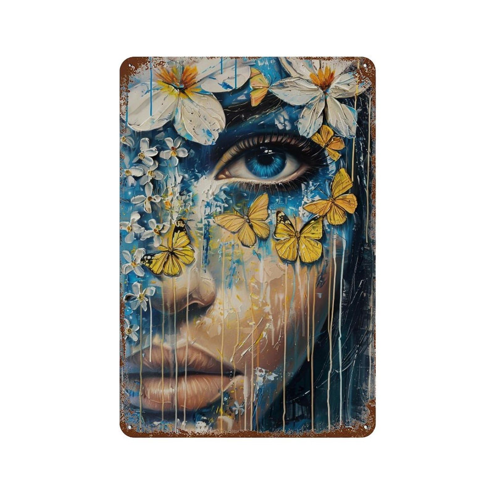 YHGERTKU Blue Eye Floral Butterfly Woman Surreal 02 Wall Art Retro Iron Vintage Metal Tin Sign Poster Modern Decor for Living Rooms Gift 30x20cm