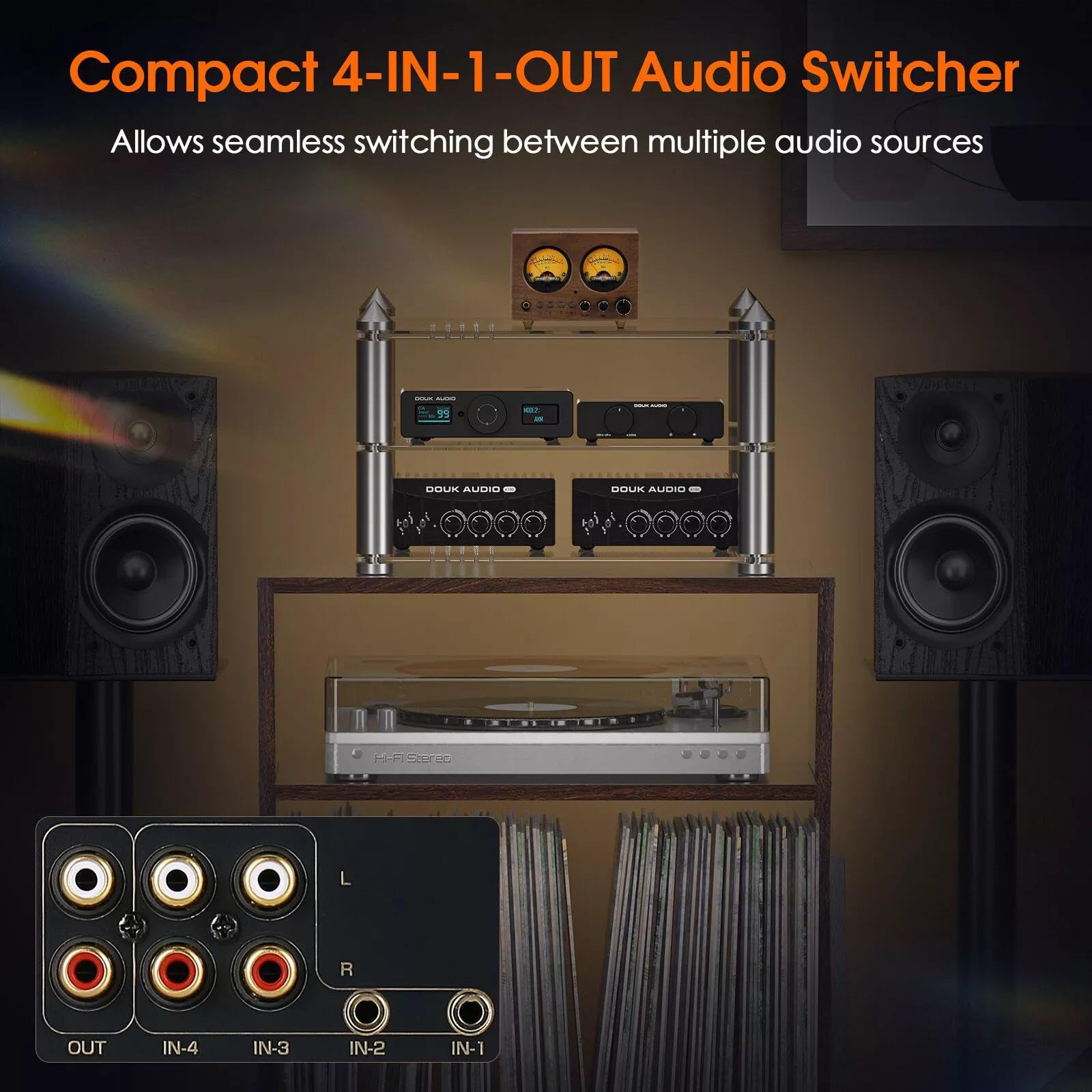 4-IN-1-OUT Audio Umschalter Stereo-Vorverstärker mit VU-Meter und Fernbedienung