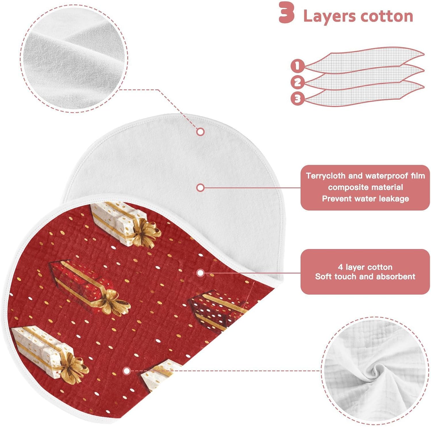Present Boxes and Gold Dots Pattern Baby Burp Cloths -4Pcs Soft Absorbent Muslin Washcloths Bibs Face Towel for Newborn Boys Girls 22 x 11 Inch
