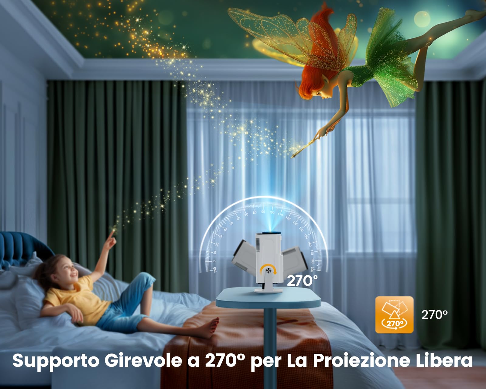 Mini Proiettore 4K Supporto, 20000 Lumen Portatile Videoproiettore Nativo 1080P WIFI Bluetooth TOPTRO Correzione Verticale Automatica Home Theater per IOS/HDMI/PS5/Fire Stick [Ruotabile di 270°]