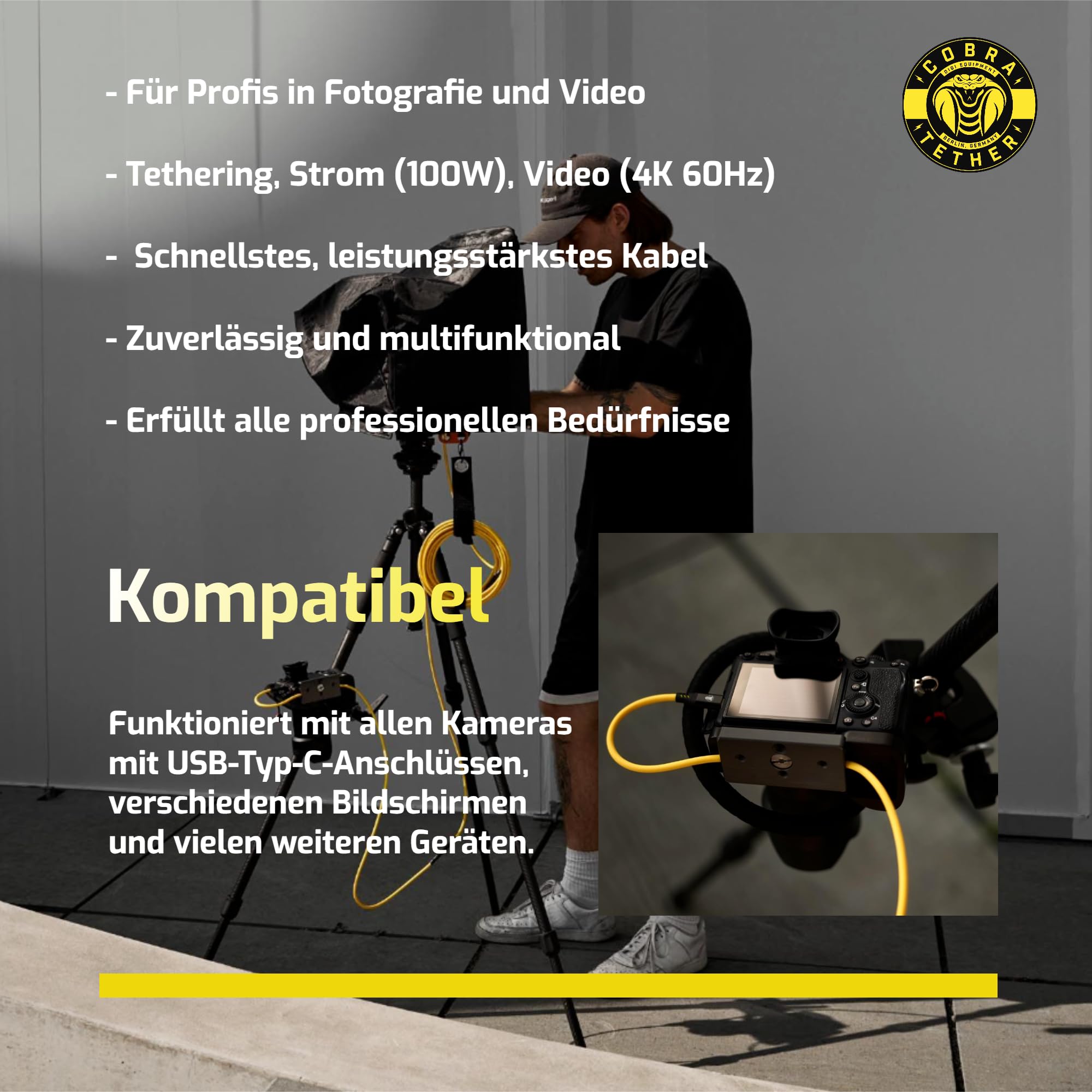 CobraTether Câble USB-C vers USB-C 90°, 5 m, Noir