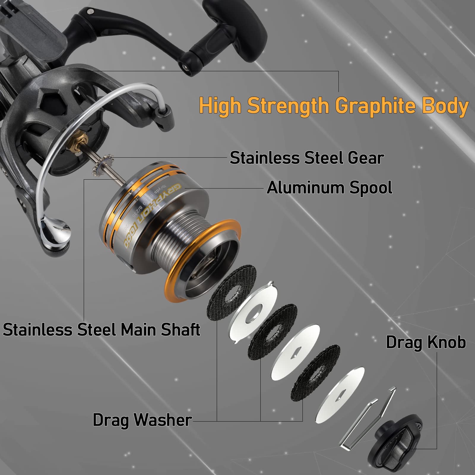 Dr.Fish Gryphon Moulinet de pêche léger Corps en graphite Ultra lisse 9+1 Acier inoxydable BBS, 8,2 kg Force maximale de 8,2 kg, bobine en aluminium Taille 3000 Crappie Bass Eau douce