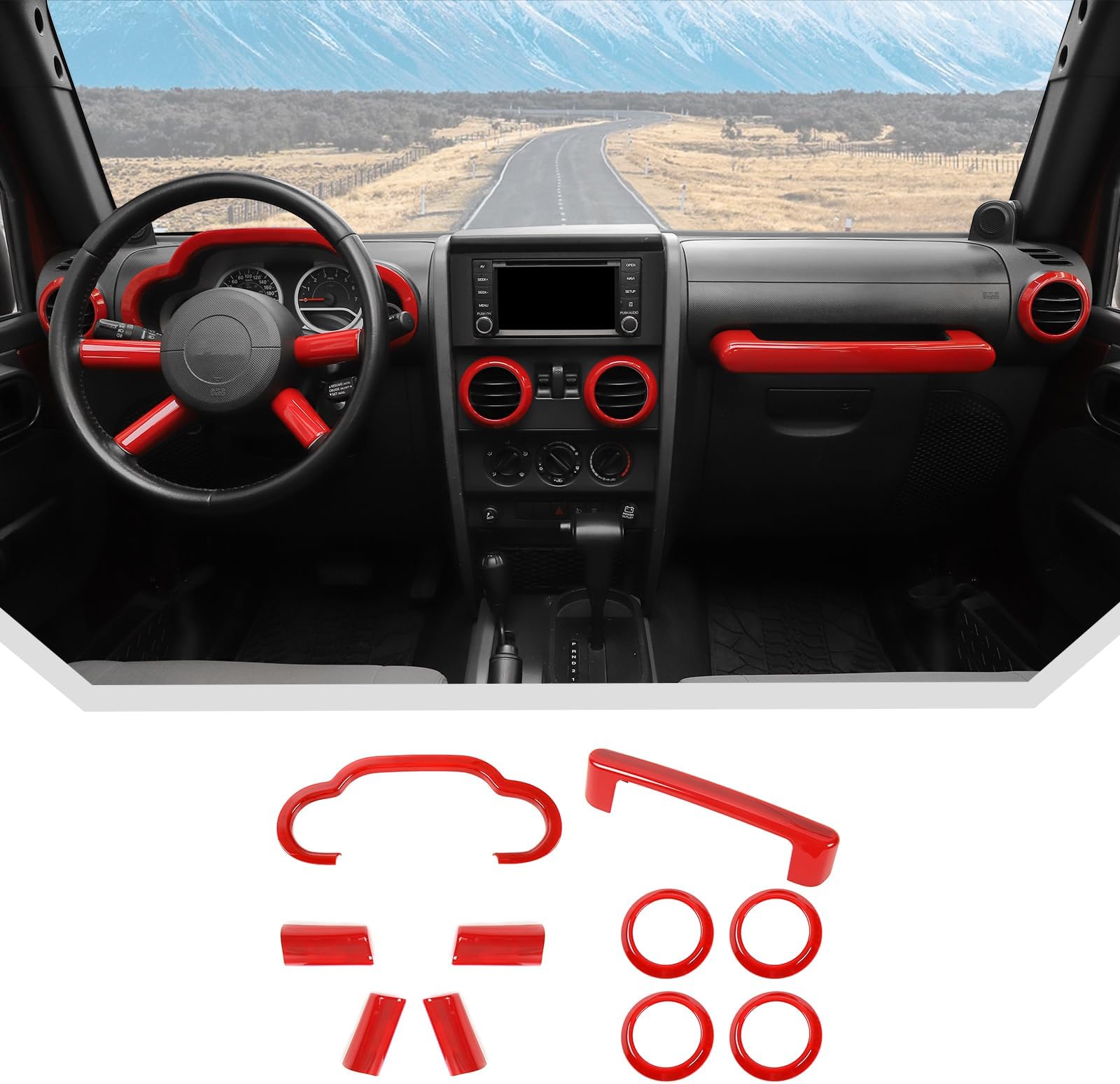 JeCar 10pcs for Jeep Wrangler Interior Trim Kit Red Interior Accessories for 2007-2010 Jeep Wrangler JK JKU Sahara Sport Rubicon & Unlimited
