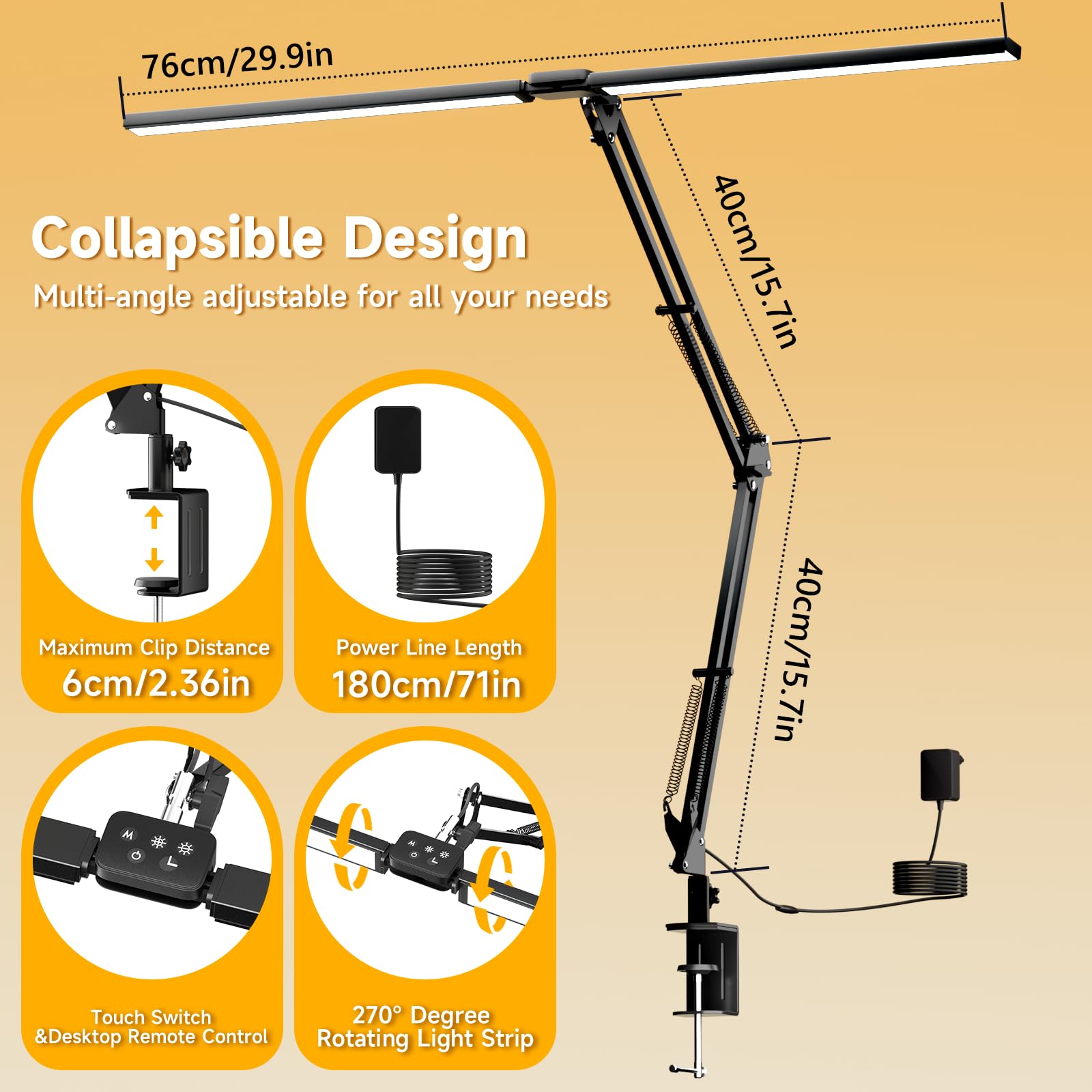 SKYLEO Schreibtischlampe LED, Doppelkopf-lampe mit Fernsteuerung Klemmbar, 2400 LM, 24W,5 Farbtemperaturmodi,Zeiteinstellung & Merken, Leicht zu Installieren - Für Büro, Lesen -Schwarz