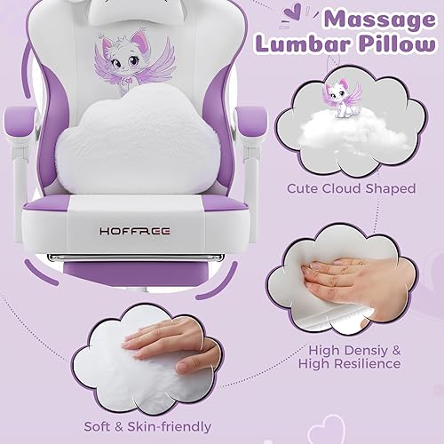 Miniatura 3 de HOFFREE Silla de Juegos para Niñas con Orejas de Gato y Masaje en la Zona Lumbar en Forma de Nube, Linda Silla de Computadora con Reposapiés, Sillas