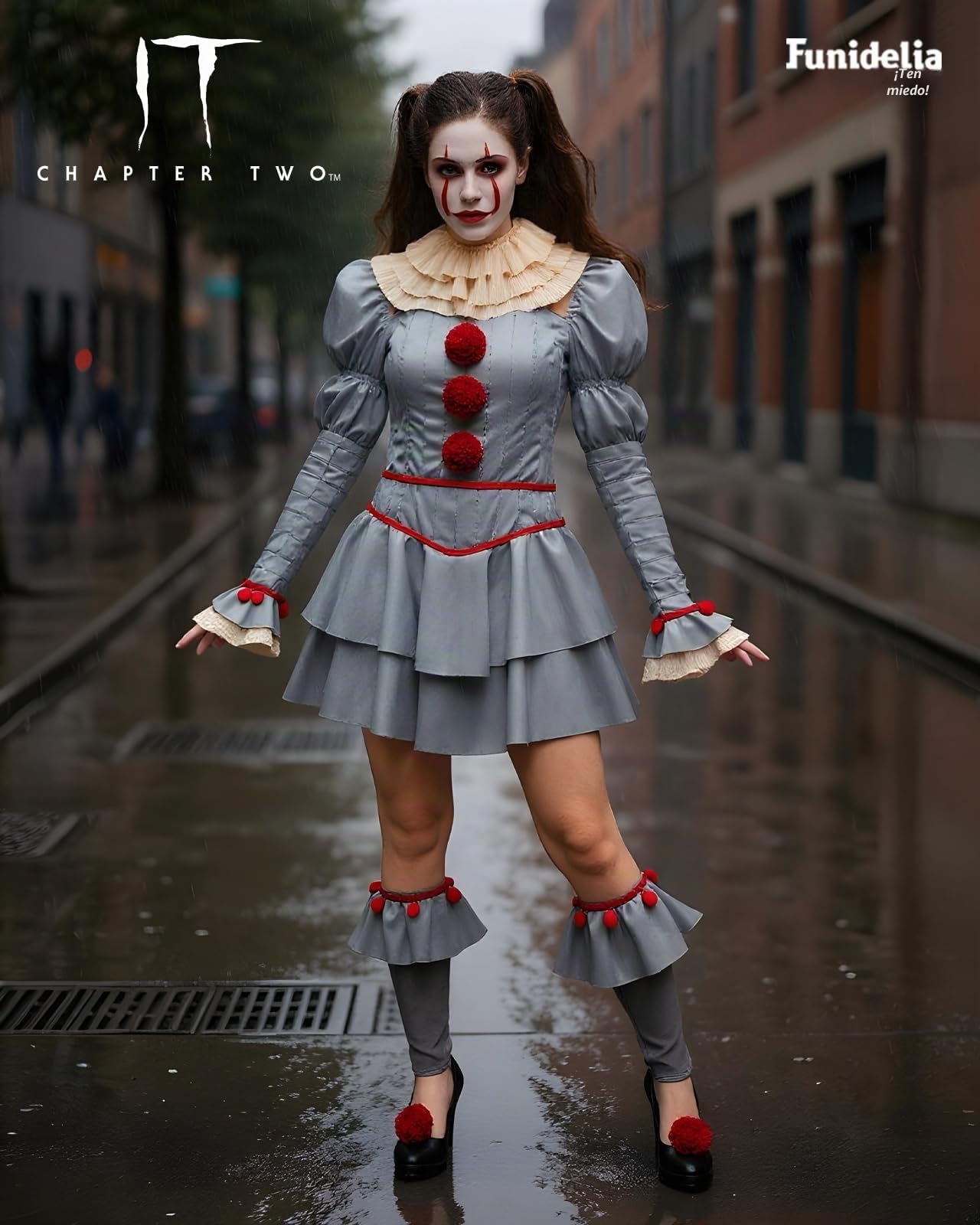 Funidelia Disfraz Oficial de Pennywise - IT Capítulo Dos para mujer, Incluye vestido, cuello, calentadores y dos pompones, Talla S - Traje para adultos para fiestas, Carnaval y Halloween