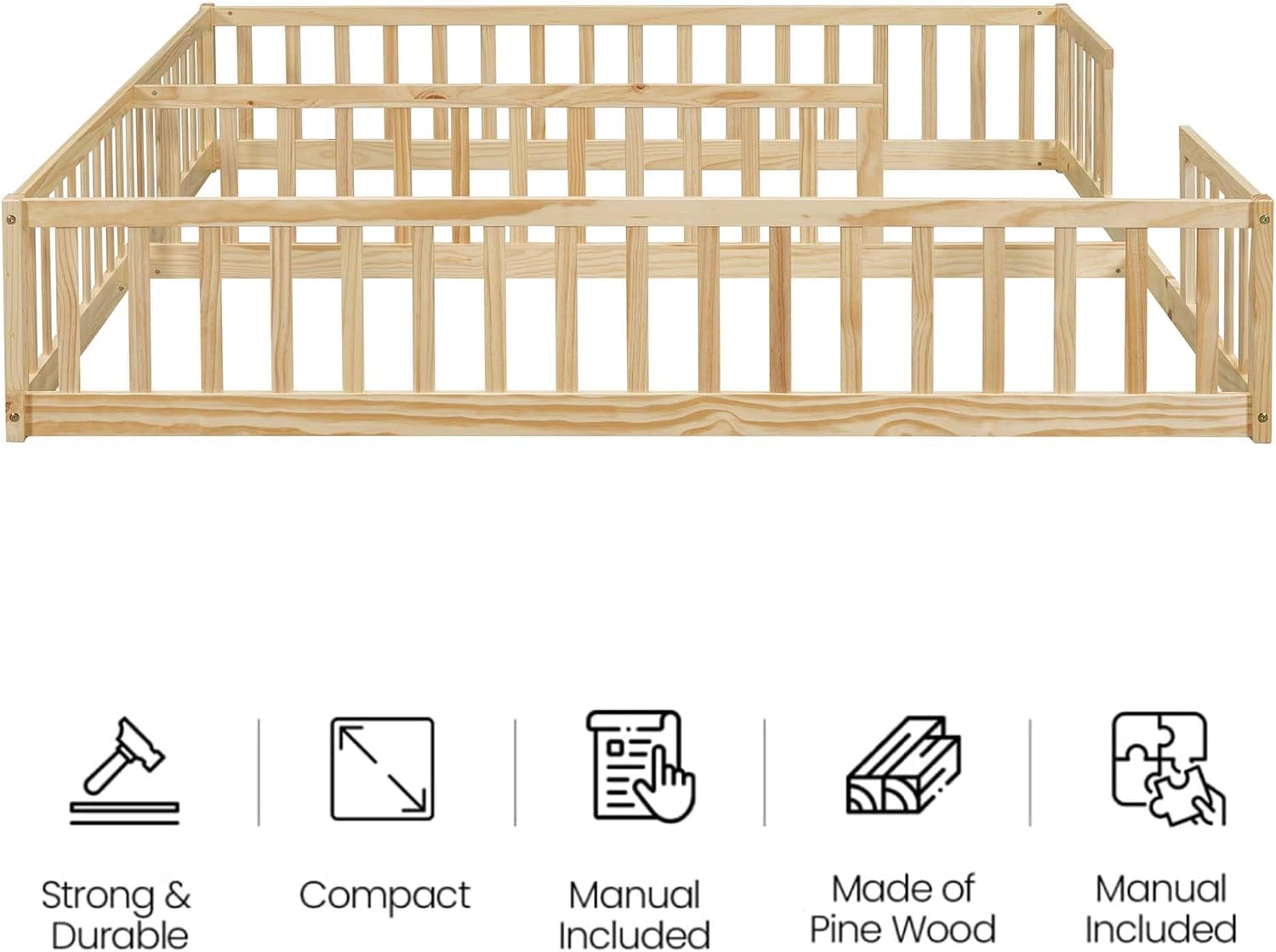 Double Twin Bed Frames for Kids, Wood Montessori Bed with Fence Guardrails, Double Twin Floor Bed Side by Side for Boys Girls Children, Natural