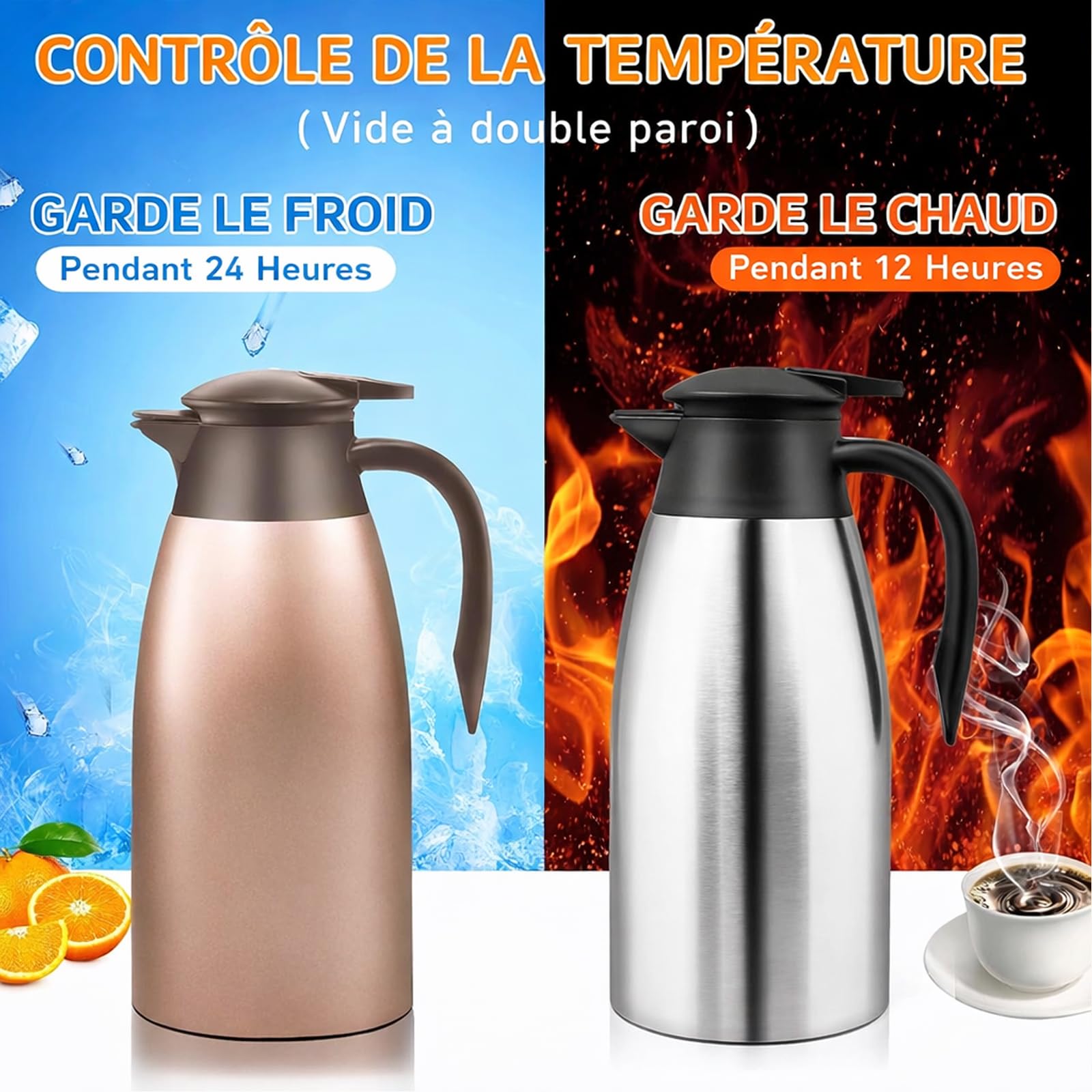 Set di 2 caraffe isotermiche da 2 l, in acciaio inossidabile, con manico a doppia parete, per caffè, tè, acqua, succo e 2 spazzole di pulizia