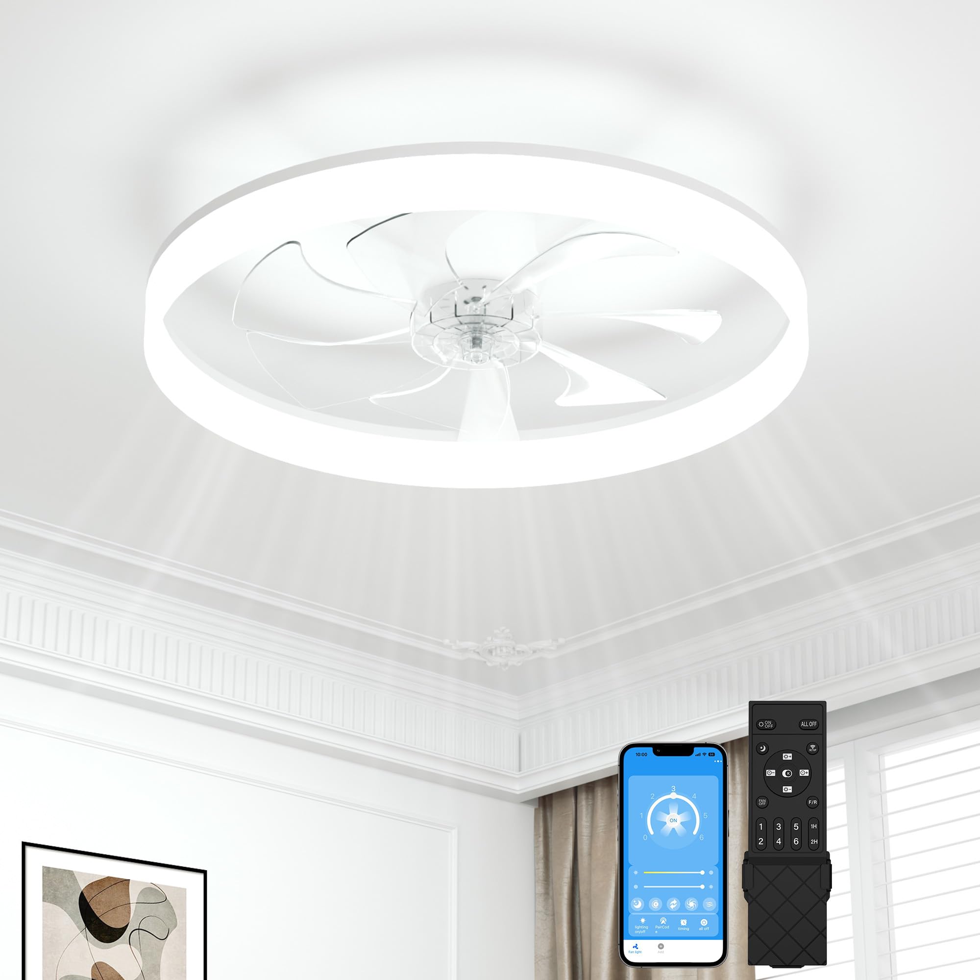 SUNKENET Ceiling Fans with Lights and Remote, 60cm LED Fan Ceiling Light, 3000K-6500K Dimmable Smart Ceiling Fan Light, 6 Wind Speeds & Reversible, White Modern Fan Light Ceiling for Bedroom