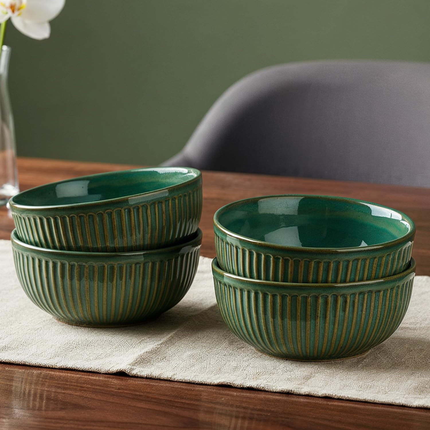 Solimo Green Ceramic Bowl Set of 4, 500 ML Each | Serving Bowls | for Rice, Dal, Fruits, Salad, Snacks | Dishwasher & Microwave Safe | Textured