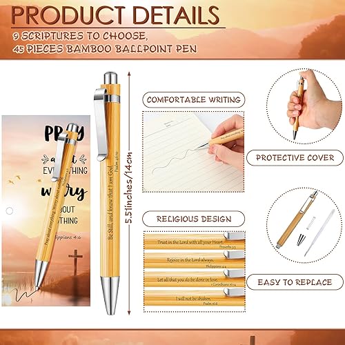 Miniatura 2 de Qilery Juego de 91 piezas de regalo cristiano a granel, 45 versículos de la Biblia, bolígrafos de bambú retráctil de madera, 45 tarjetas