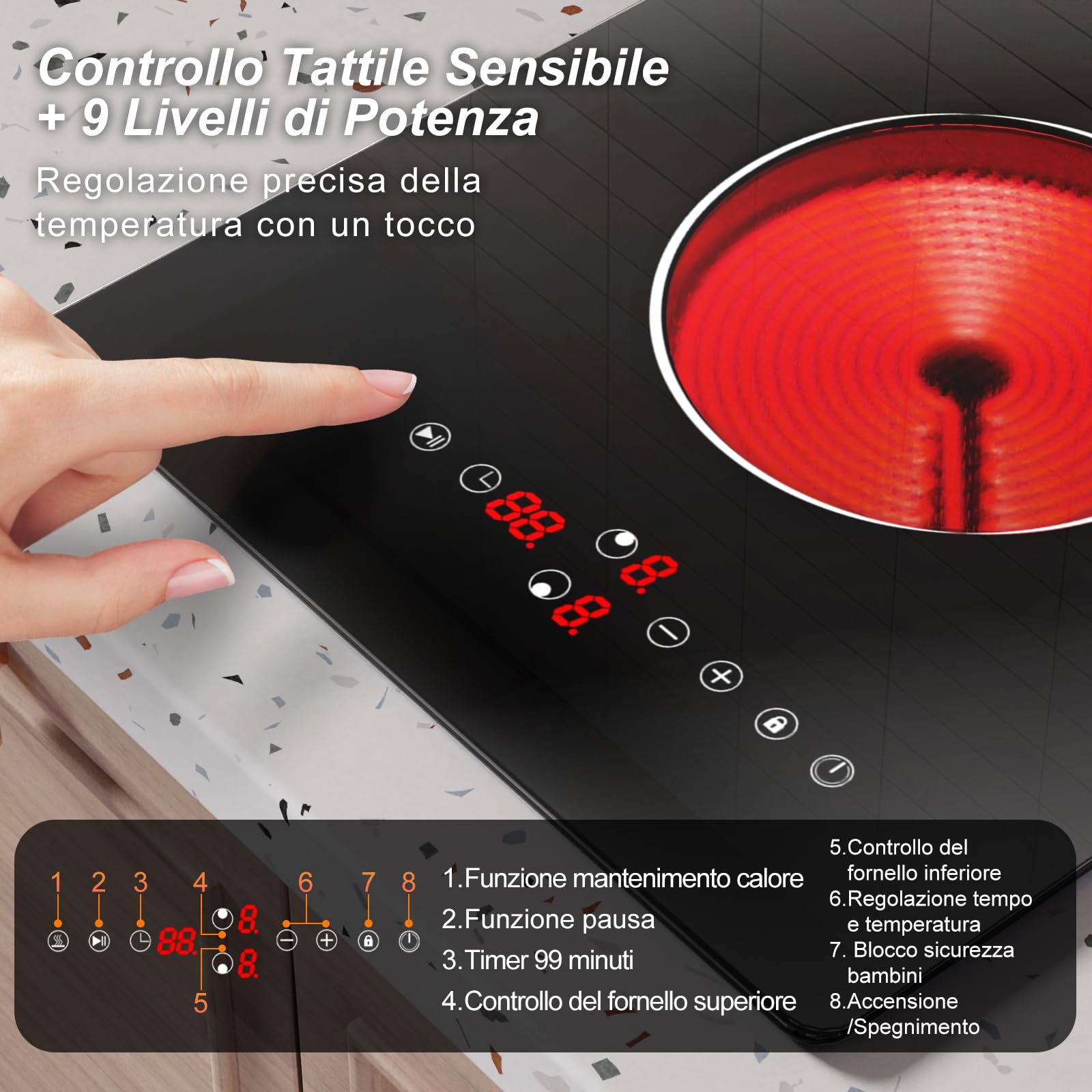 Piastra da Cucina Elettrica a Due Fuochi a Infrarossi per Cucinare, Piano Cottura da 3000W Domino da Inserire, Stufa a Due Elementi Riscaldanti, Cucina Incorporata a 230V