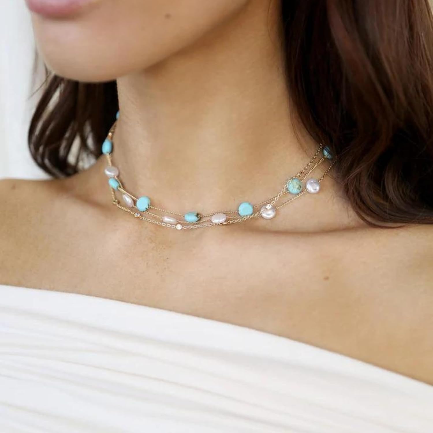 Ettika Choker Necklace For Women. Turquoise Jewelry. Dressed in Turquoise and Pearls Layered Choker Necklace in 18K Gold Plated