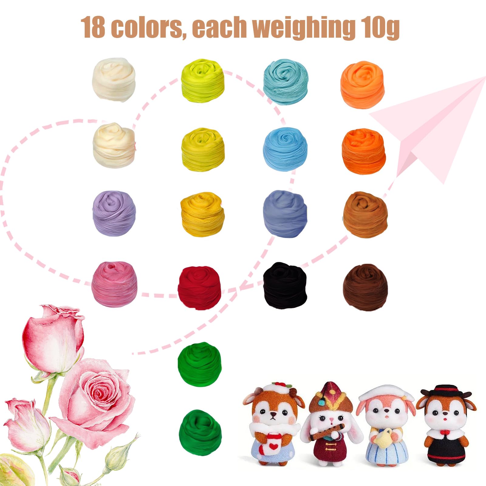RYAN Lana Cardata Kit 18 Colori di Lana Feltro Starter Kit di Feltro ad Ago per la Filatura a Mano Progetti Artigianali Fai da Te (10 g/Colore)
