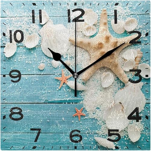 Naanle Reloj de pared cuadrado silencioso de madera con diseño de conchas de mar en 3D, 8 pulgadas, funciona con pilas, reloj de escritorio