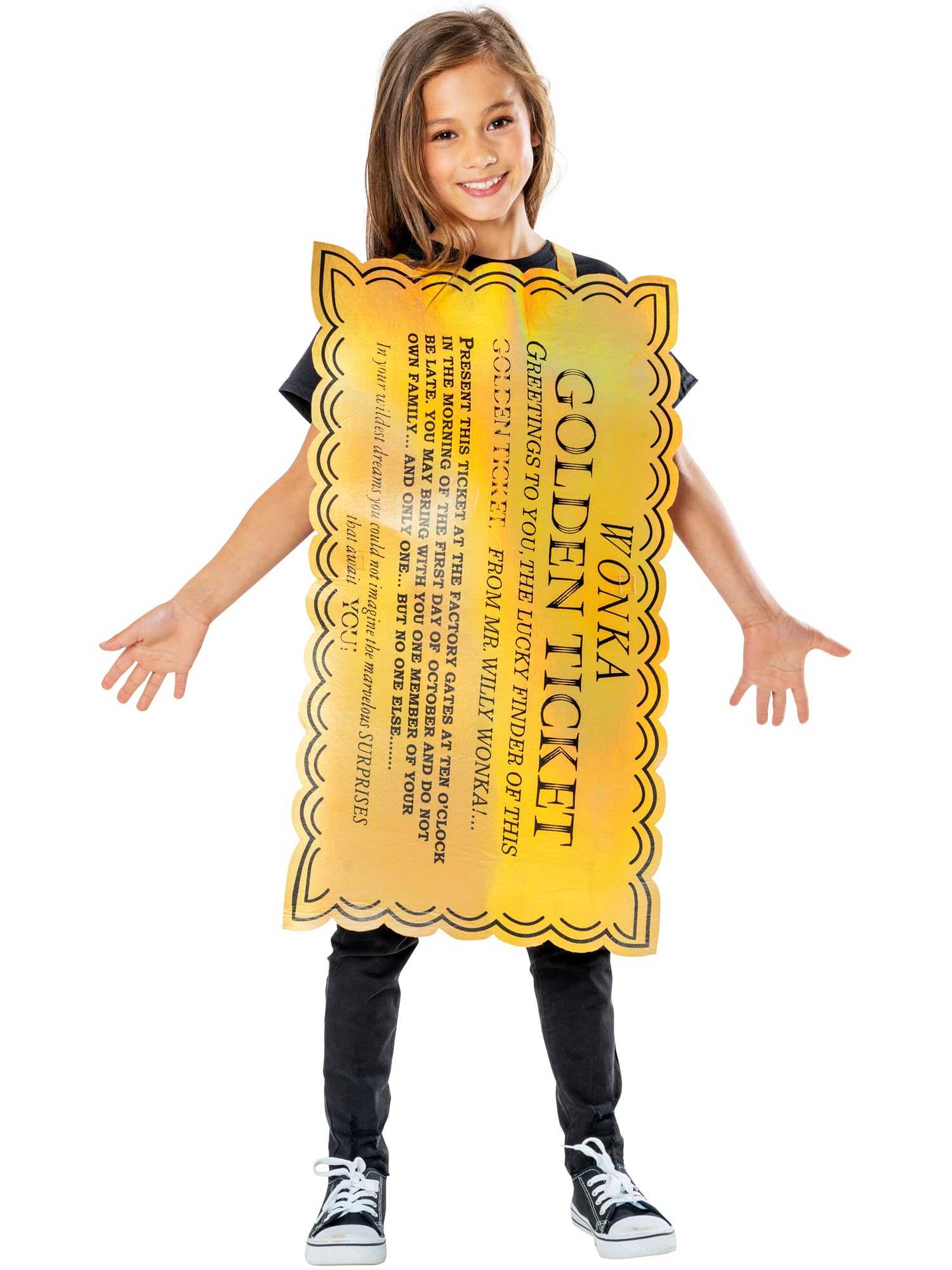 Rubies Willy Wonka Golden Ticket kids costume tabard gold black, 5-8 Years