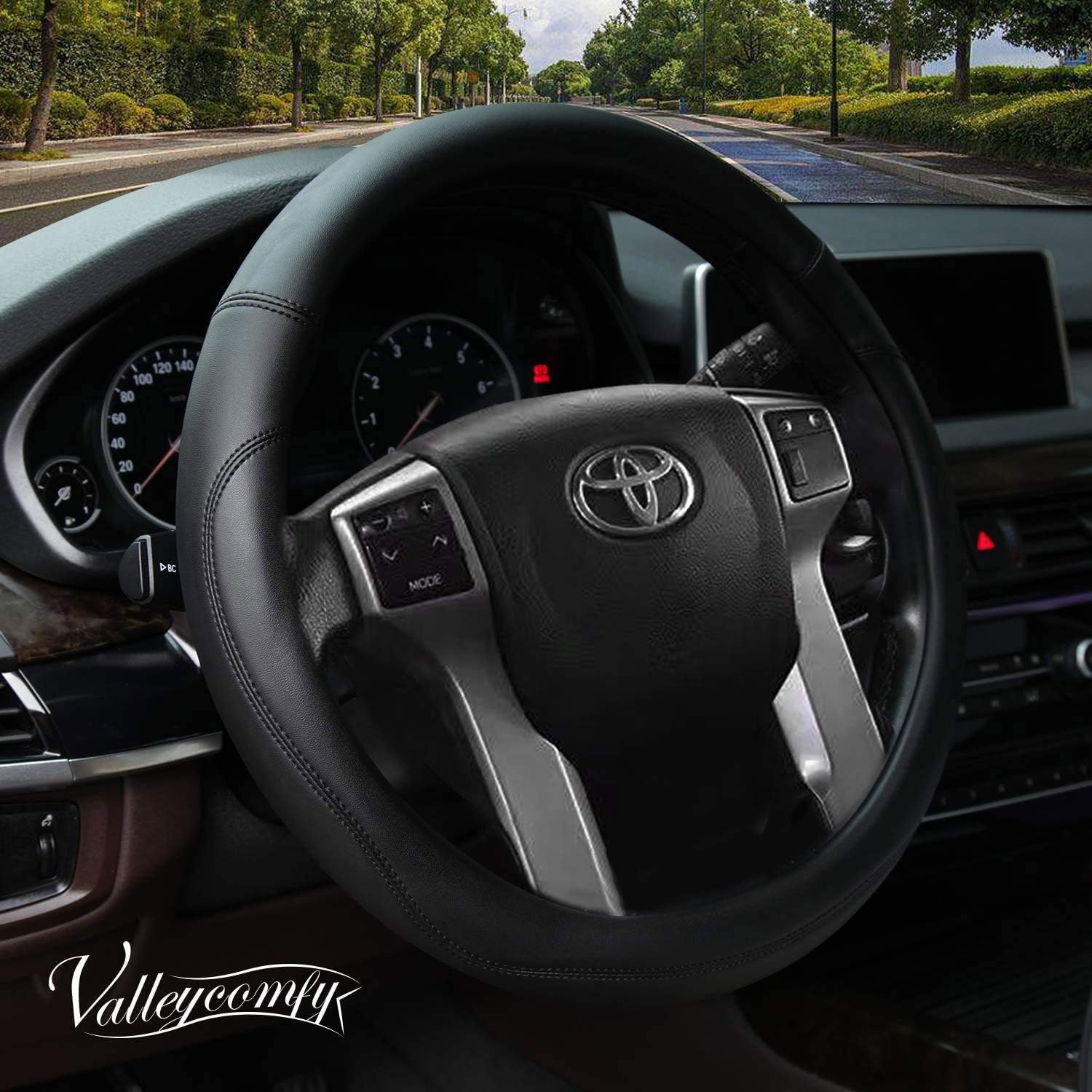 Valleycomfy Microfiber Leather Steering Wheel Cover Large-Size for F150 F250 F350 Ram 4Runner Tacoma Tundra Range Rover Model S X with 15 1/2 inches-16 inches Outer Diameter (Black) : Automotive