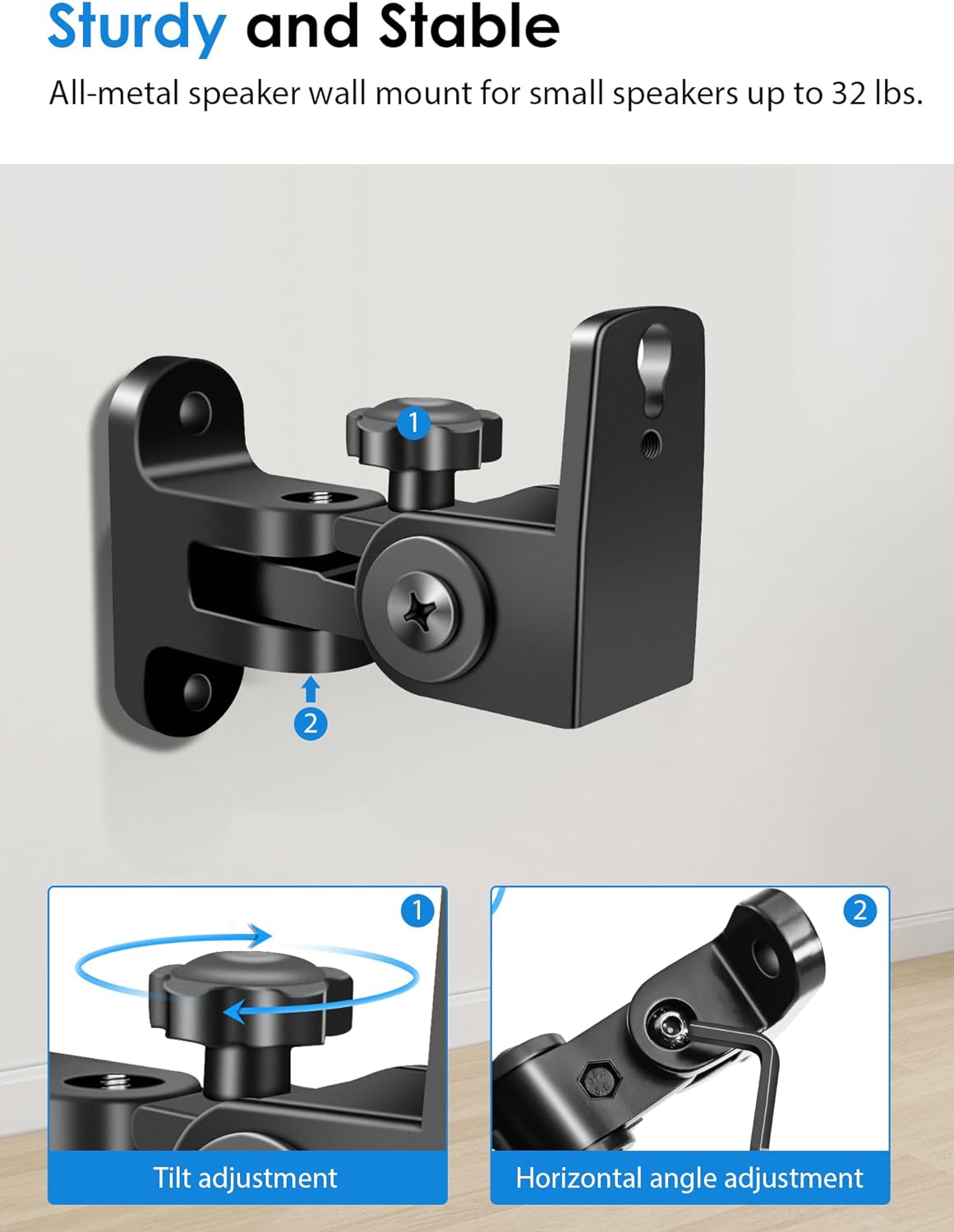 Speaker Wall Mounts, 2 Packs Universal Mounting Bracket for Small Bookshelf Speakers, Vertical 120°, Horizontal 180°Adjustment, Compatible with Bose, JBL, KEF,Sony & Others, Hold up to 32 lbs