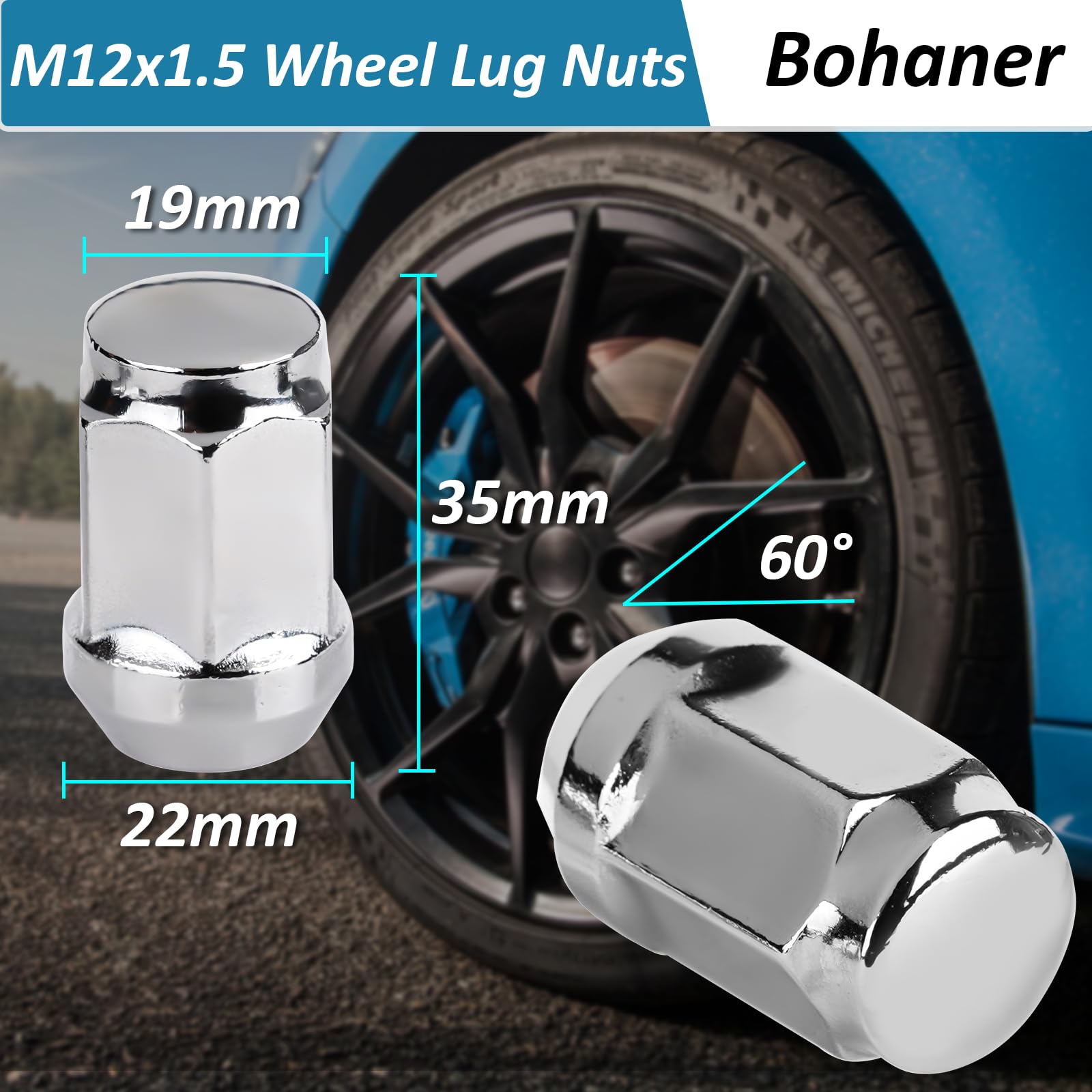 20 dadi esagonali per ruote M12 x 1,5, 19 mm, in lega, cromati, con estremità chiusa, M12 x 1,5, compatibili con la maggior parte delle Ford Focus, Fiesta, Fusion, Escort, Cougar, C-Max