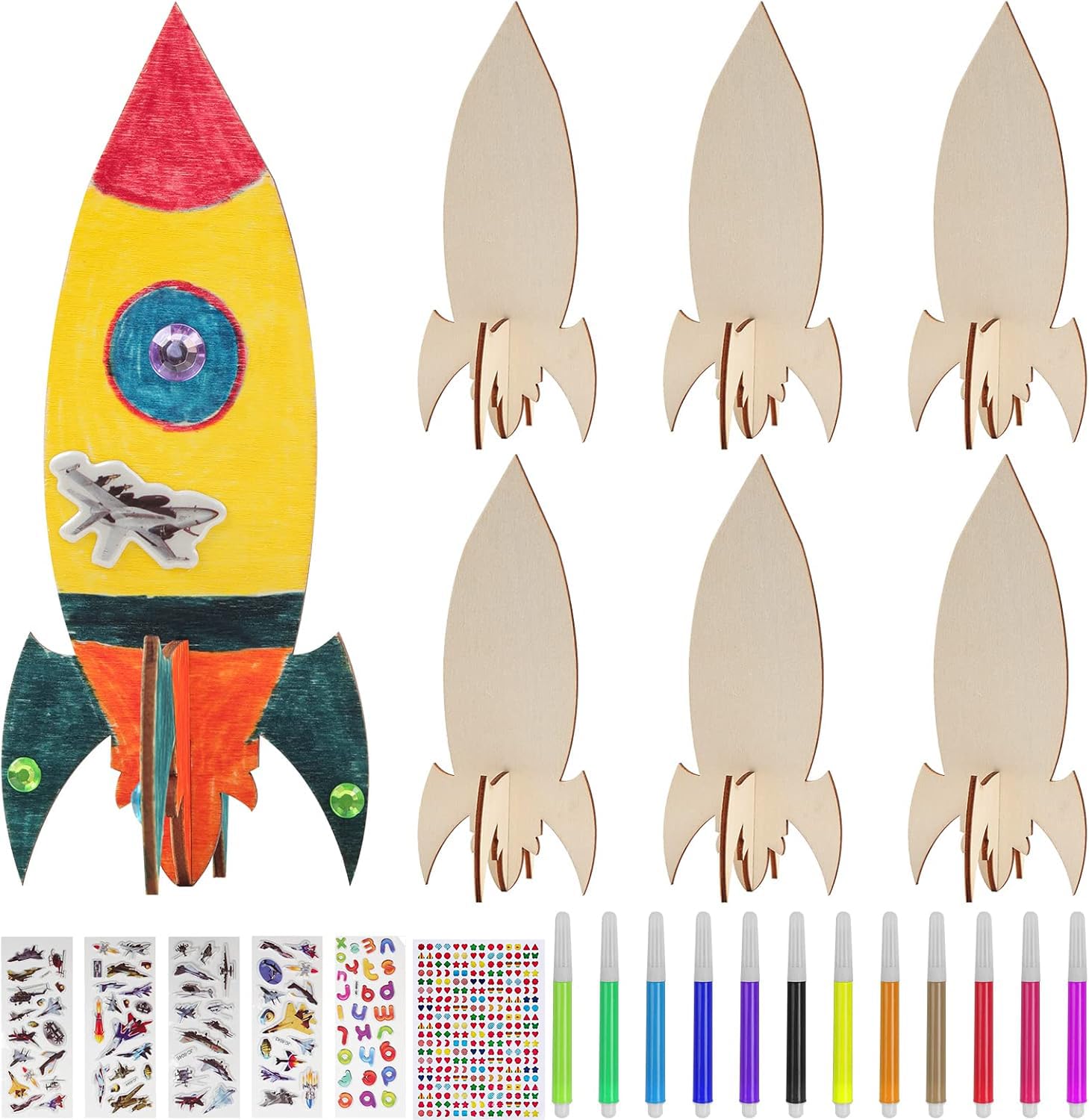 12 Stück DIY Holzraketen, Mini-Rakete zum Malen und Dekorieren von Holzraketen, Bastelsets mit Dekorationswerkzeugen für Kinder, Schule, Handwerk, Zuhause, Party, Deko-Projekte